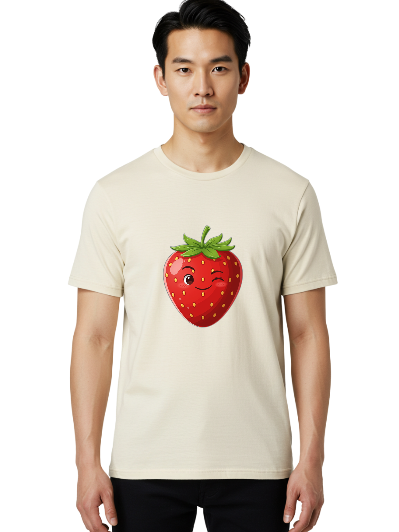 Winking-Strawberry-5 Men'S Graphic Tee, 100% Cotton, Comfortable Casual Summer Wear, Machine Washable, Strawberry With Face, Winking Strawberry, Cartoon Fruit, Smiling Fruit, Red Strawberry, Yellow Seeds, Green Leaves, Playful Character, Bac562 29