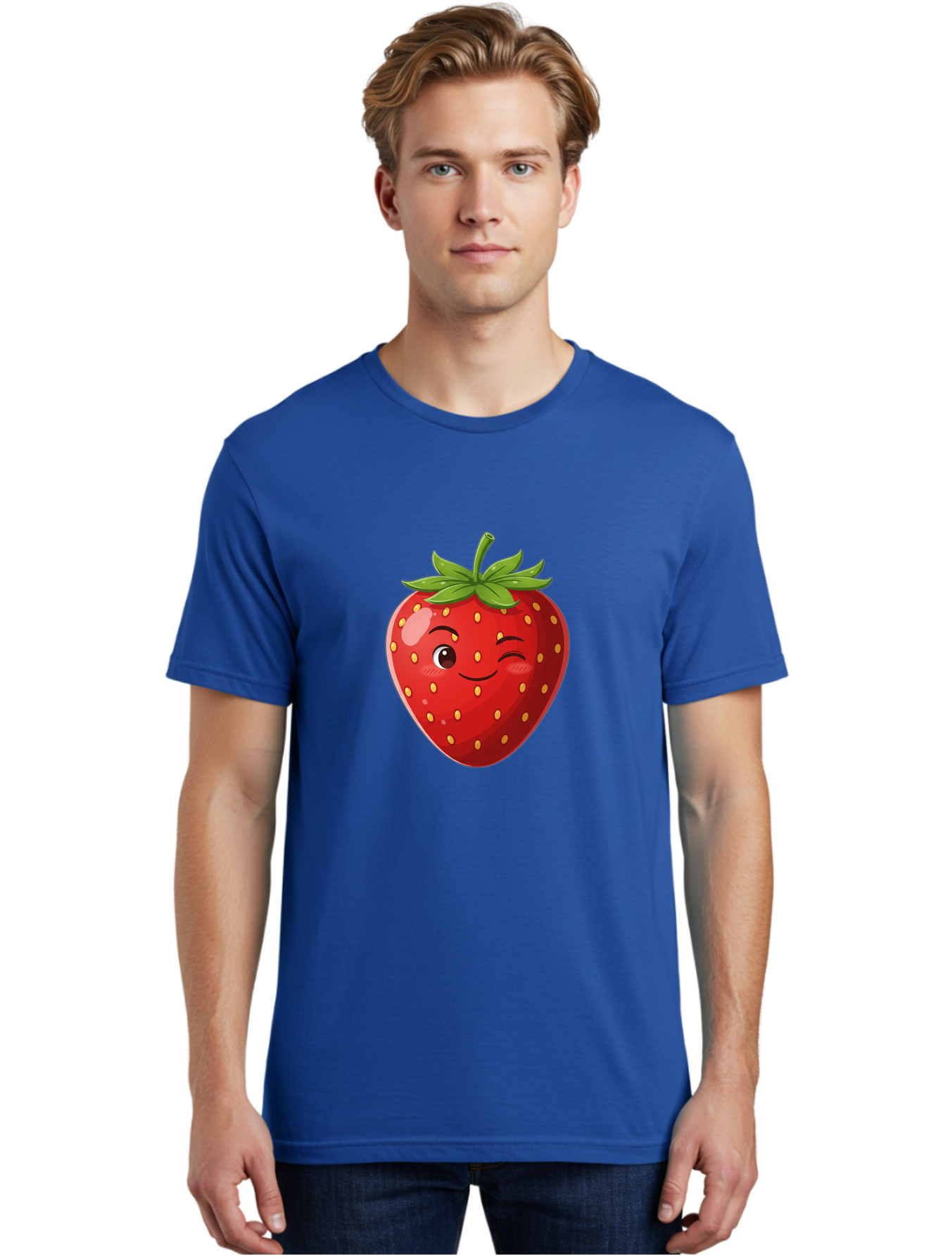 Winking-Strawberry-5 Men'S Graphic Tee, 100% Cotton, Comfortable Casual Summer Wear, Machine Washable, Strawberry With Face, Winking Strawberry, Cartoon Fruit, Smiling Fruit, Red Strawberry, Yellow Seeds, Green Leaves, Playful Character, Bac562 21