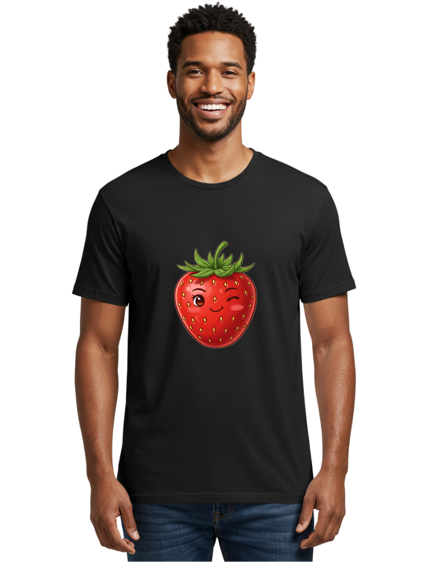 Winking-Strawberry-6 Men'S Graphic Tee, 100% Cotton, Comfortable Casual Summer Wear, Machine Washable, Winking Strawberry, Cartoon Fruit, Cute Face, Red Strawberry, Healthy Snack, Sweet Treat, Playful Emoji, Vibrant Red, Yellow Seeds, Bac563 19