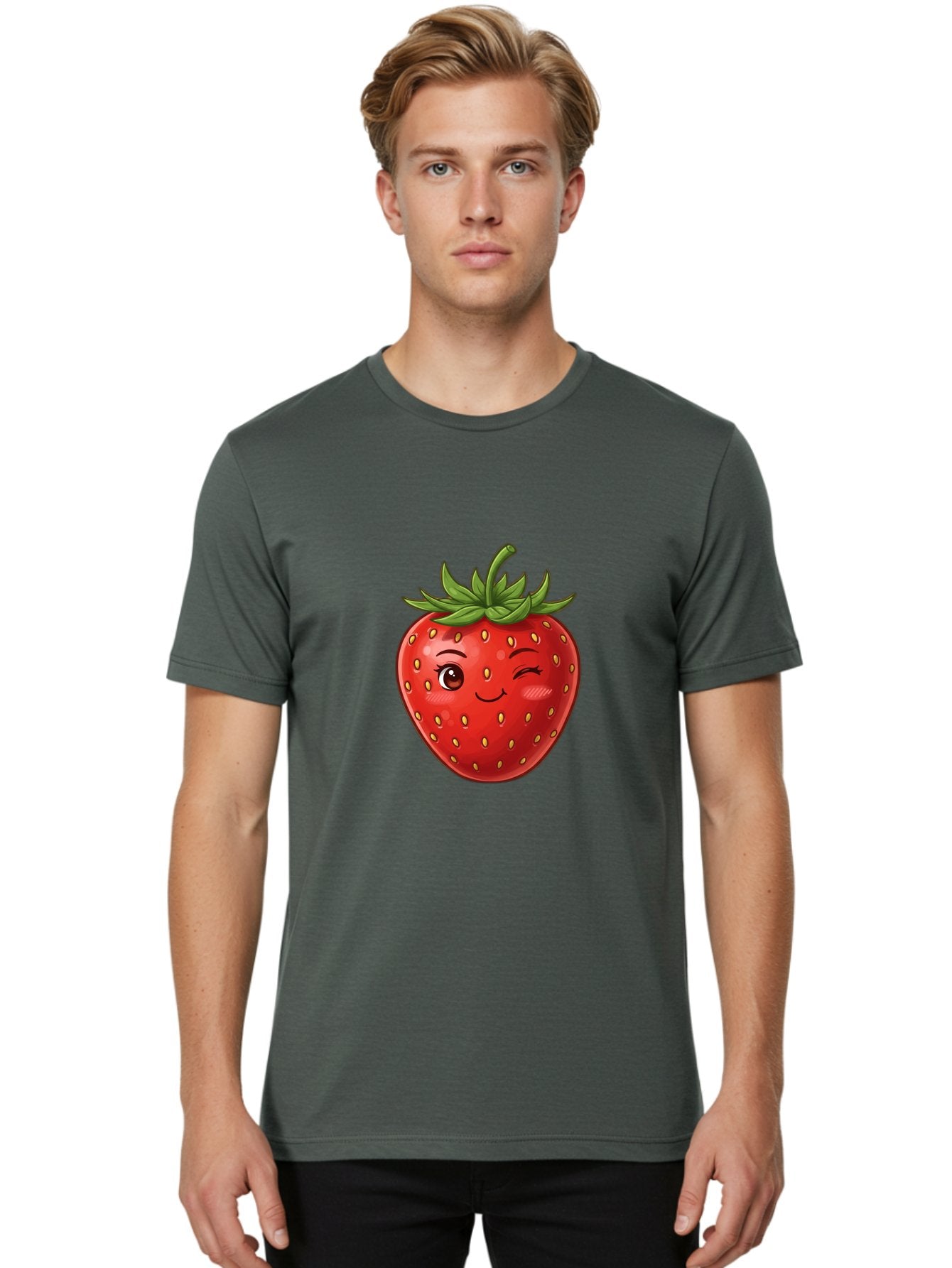 Winking-Strawberry-6 Men'S Graphic Tee, 100% Cotton, Comfortable Casual Summer Wear, Machine Washable, Winking Strawberry, Cartoon Fruit, Cute Face, Red Strawberry, Healthy Snack, Sweet Treat, Playful Emoji, Vibrant Red, Yellow Seeds, Bac563 25