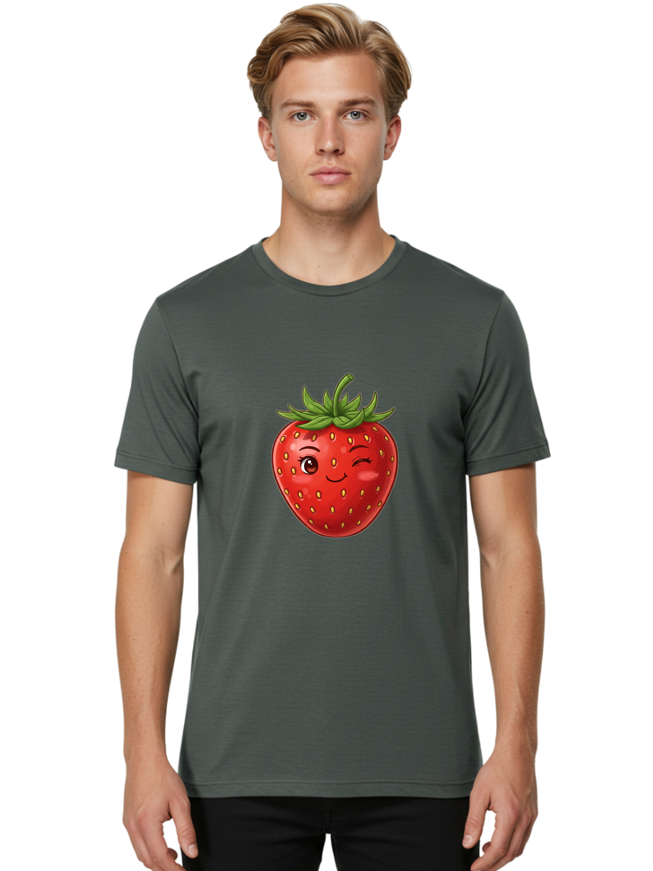 Winking-Strawberry-6 Men'S Graphic Tee, 100% Cotton, Comfortable Casual Summer Wear, Machine Washable, Winking Strawberry, Cartoon Fruit, Cute Face, Red Strawberry, Healthy Snack, Sweet Treat, Playful Emoji, Vibrant Red, Yellow Seeds, Bac563 21