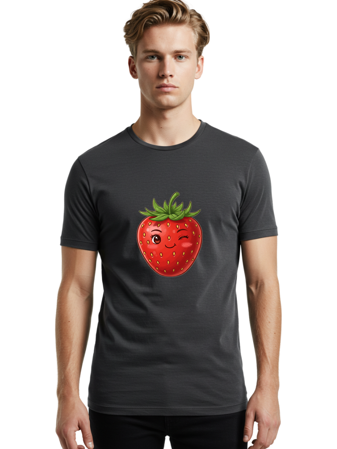 Winking-Strawberry-6 Men'S Graphic Tee, 100% Cotton, Comfortable Casual Summer Wear, Machine Washable, Winking Strawberry, Cartoon Fruit, Cute Face, Red Strawberry, Healthy Snack, Sweet Treat, Playful Emoji, Vibrant Red, Yellow Seeds, Bac563 30