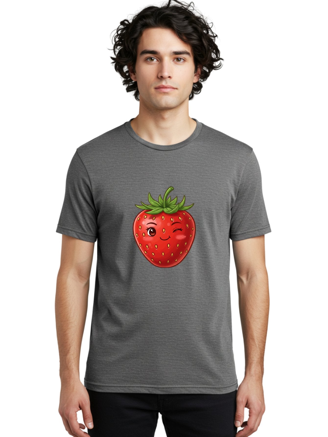 Winking-Strawberry-6 Men'S Graphic Tee, 100% Cotton, Comfortable Casual Summer Wear, Machine Washable, Winking Strawberry, Cartoon Fruit, Cute Face, Red Strawberry, Healthy Snack, Sweet Treat, Playful Emoji, Vibrant Red, Yellow Seeds, Bac563 17