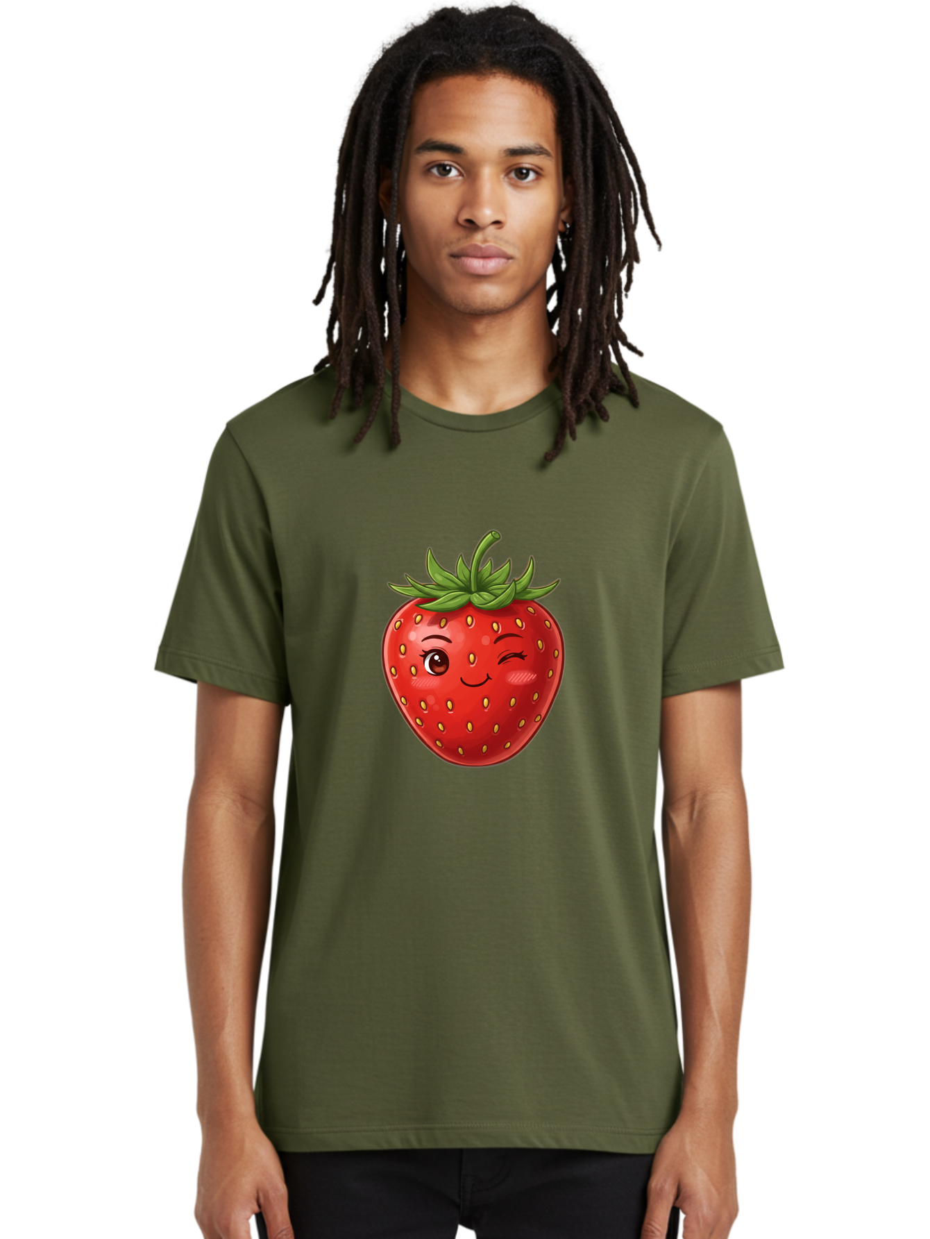 Winking-Strawberry-6 Men'S Graphic Tee, 100% Cotton, Comfortable Casual Summer Wear, Machine Washable, Winking Strawberry, Cartoon Fruit, Cute Face, Red Strawberry, Healthy Snack, Sweet Treat, Playful Emoji, Vibrant Red, Yellow Seeds, Bac563 28
