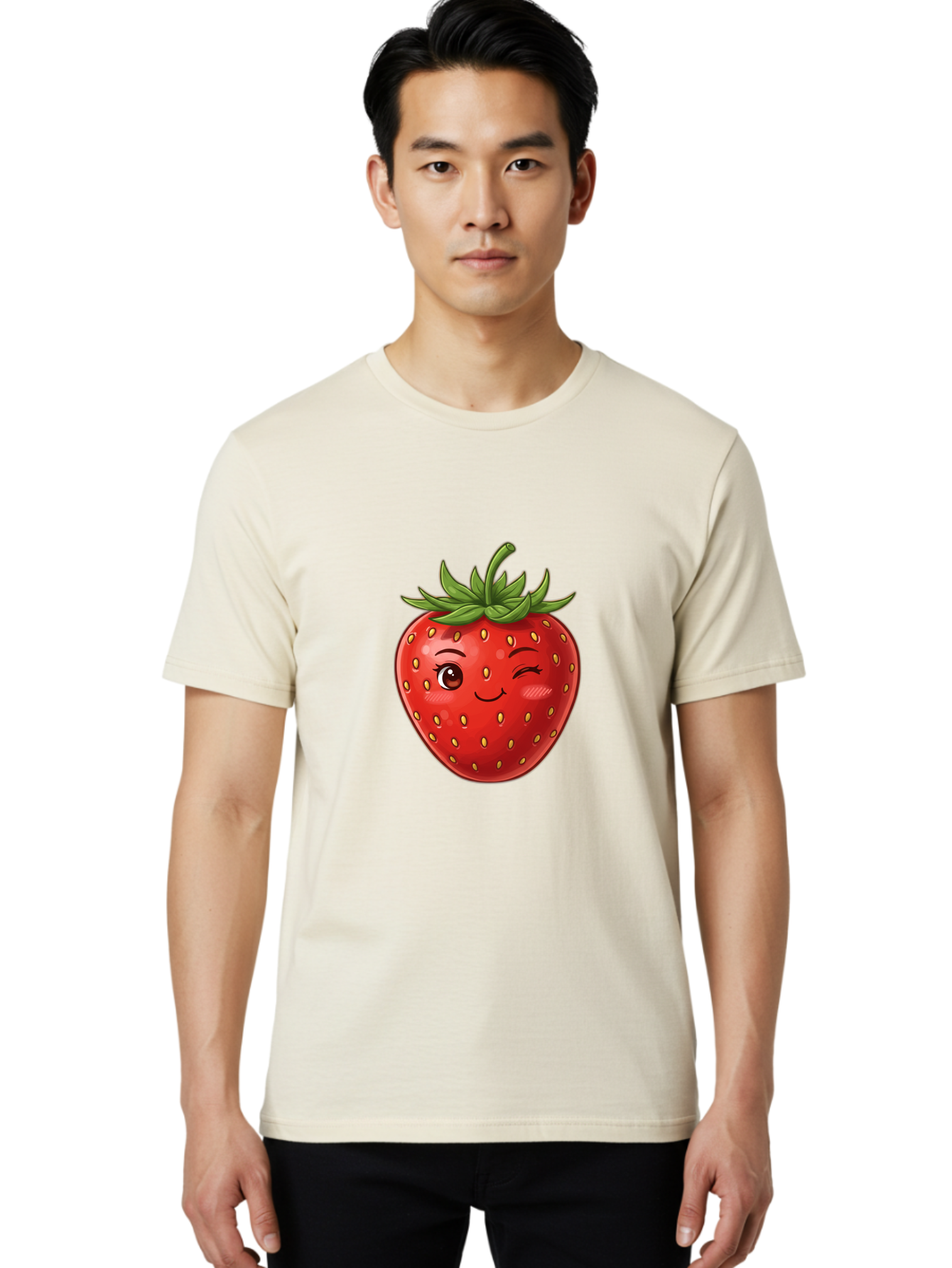Winking-Strawberry-6 Men'S Graphic Tee, 100% Cotton, Comfortable Casual Summer Wear, Machine Washable, Winking Strawberry, Cartoon Fruit, Cute Face, Red Strawberry, Healthy Snack, Sweet Treat, Playful Emoji, Vibrant Red, Yellow Seeds, Bac563 16