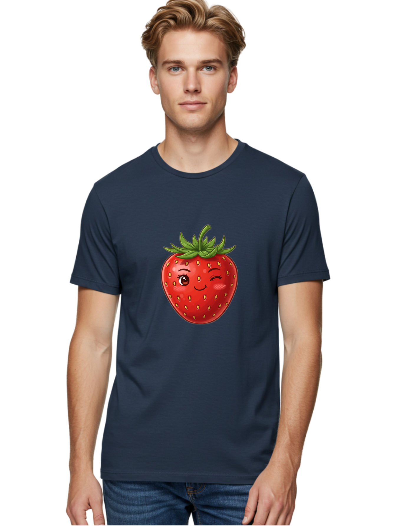 Winking-Strawberry-6 Men'S Graphic Tee, 100% Cotton, Comfortable Casual Summer Wear, Machine Washable, Winking Strawberry, Cartoon Fruit, Cute Face, Red Strawberry, Healthy Snack, Sweet Treat, Playful Emoji, Vibrant Red, Yellow Seeds, Bac563 23