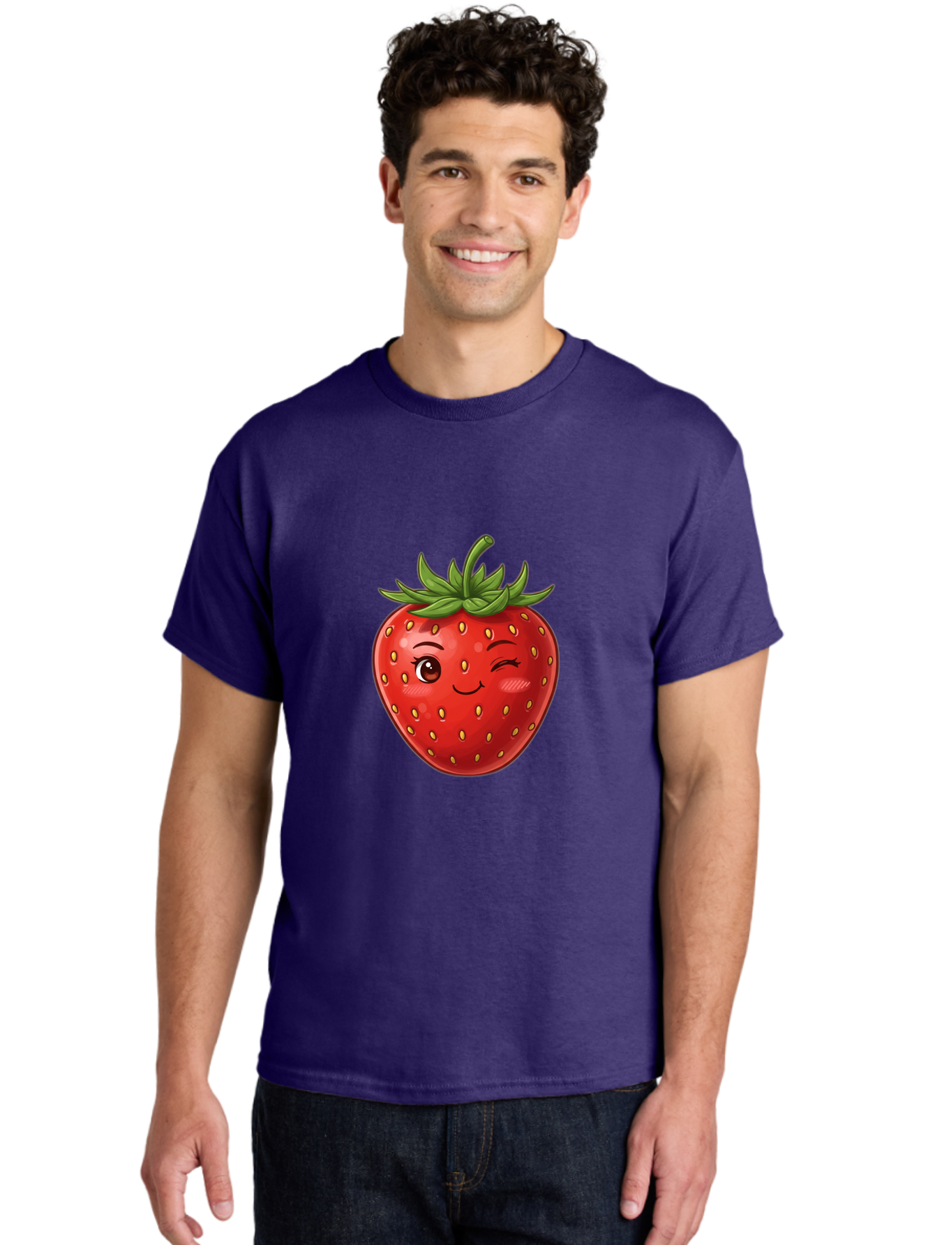 Winking-Strawberry-6 Men'S Graphic Tee, 100% Cotton, Comfortable Casual Summer Wear, Machine Washable, Winking Strawberry, Cartoon Fruit, Cute Face, Red Strawberry, Healthy Snack, Sweet Treat, Playful Emoji, Vibrant Red, Yellow Seeds, Bac563 17