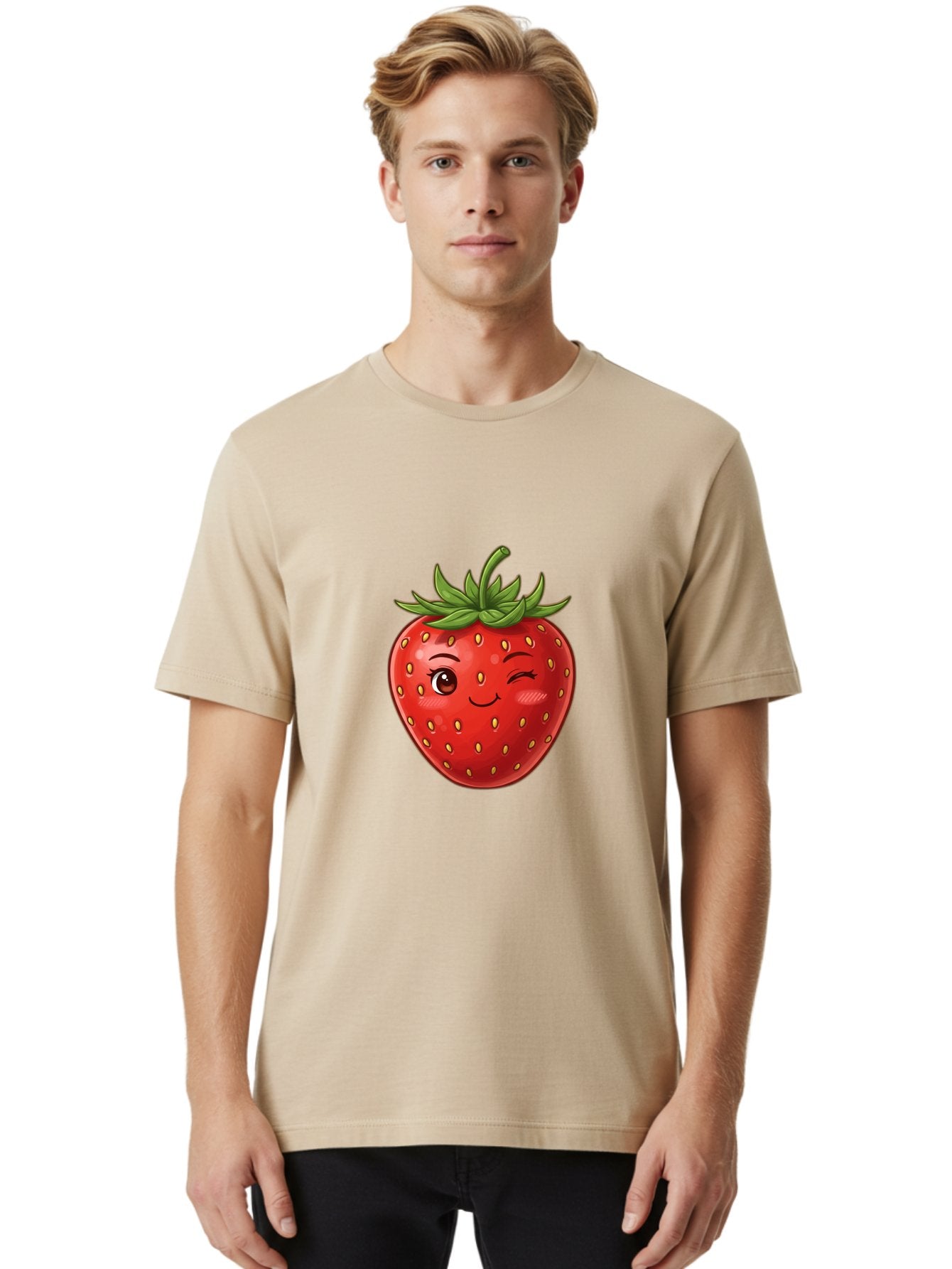 Winking-Strawberry-6 Men'S Graphic Tee, 100% Cotton, Comfortable Casual Summer Wear, Machine Washable, Winking Strawberry, Cartoon Fruit, Cute Face, Red Strawberry, Healthy Snack, Sweet Treat, Playful Emoji, Vibrant Red, Yellow Seeds, Bac563 22