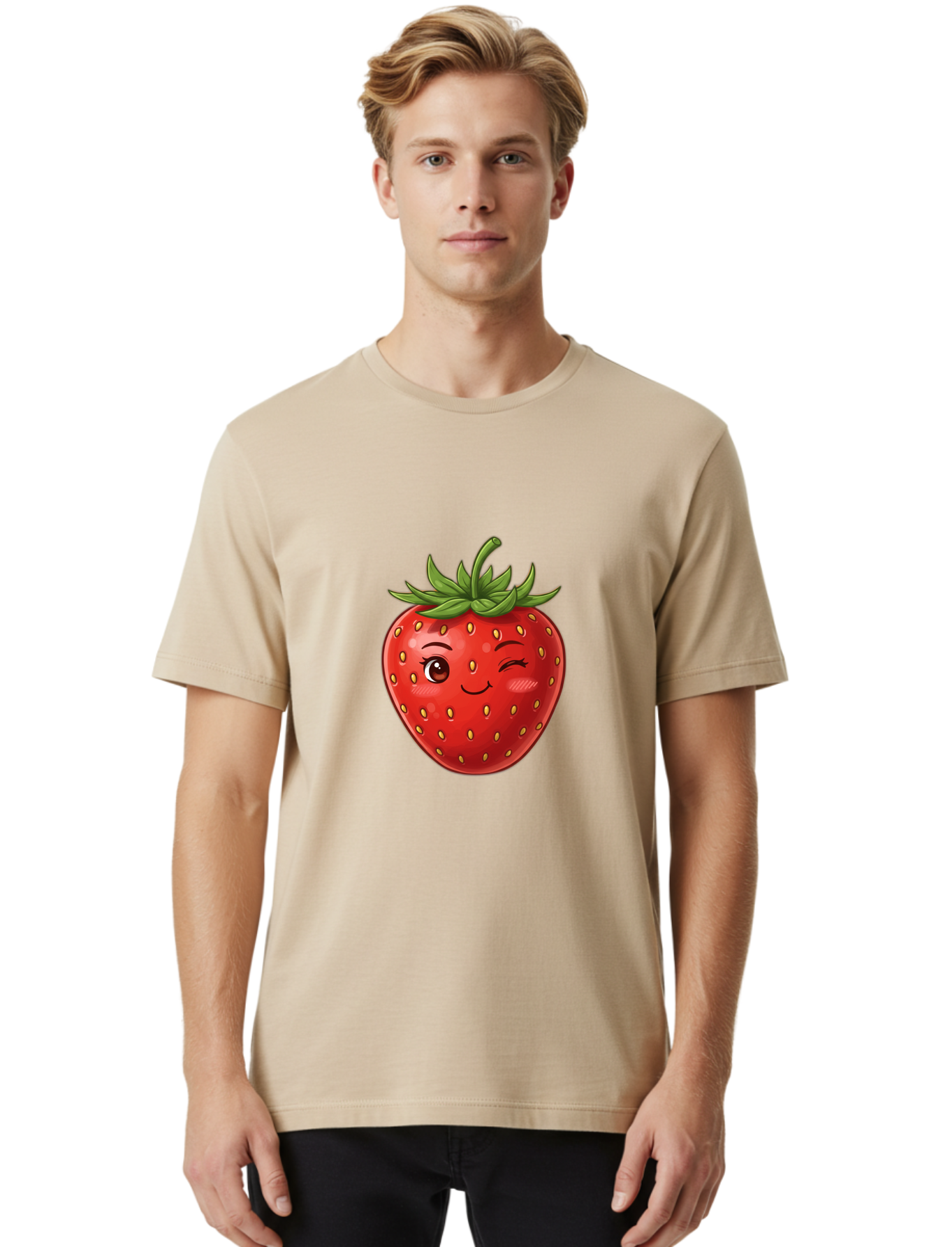 Winking-Strawberry-6 Men'S Graphic Tee, 100% Cotton, Comfortable Casual Summer Wear, Machine Washable, Winking Strawberry, Cartoon Fruit, Cute Face, Red Strawberry, Healthy Snack, Sweet Treat, Playful Emoji, Vibrant Red, Yellow Seeds, Bac563 24