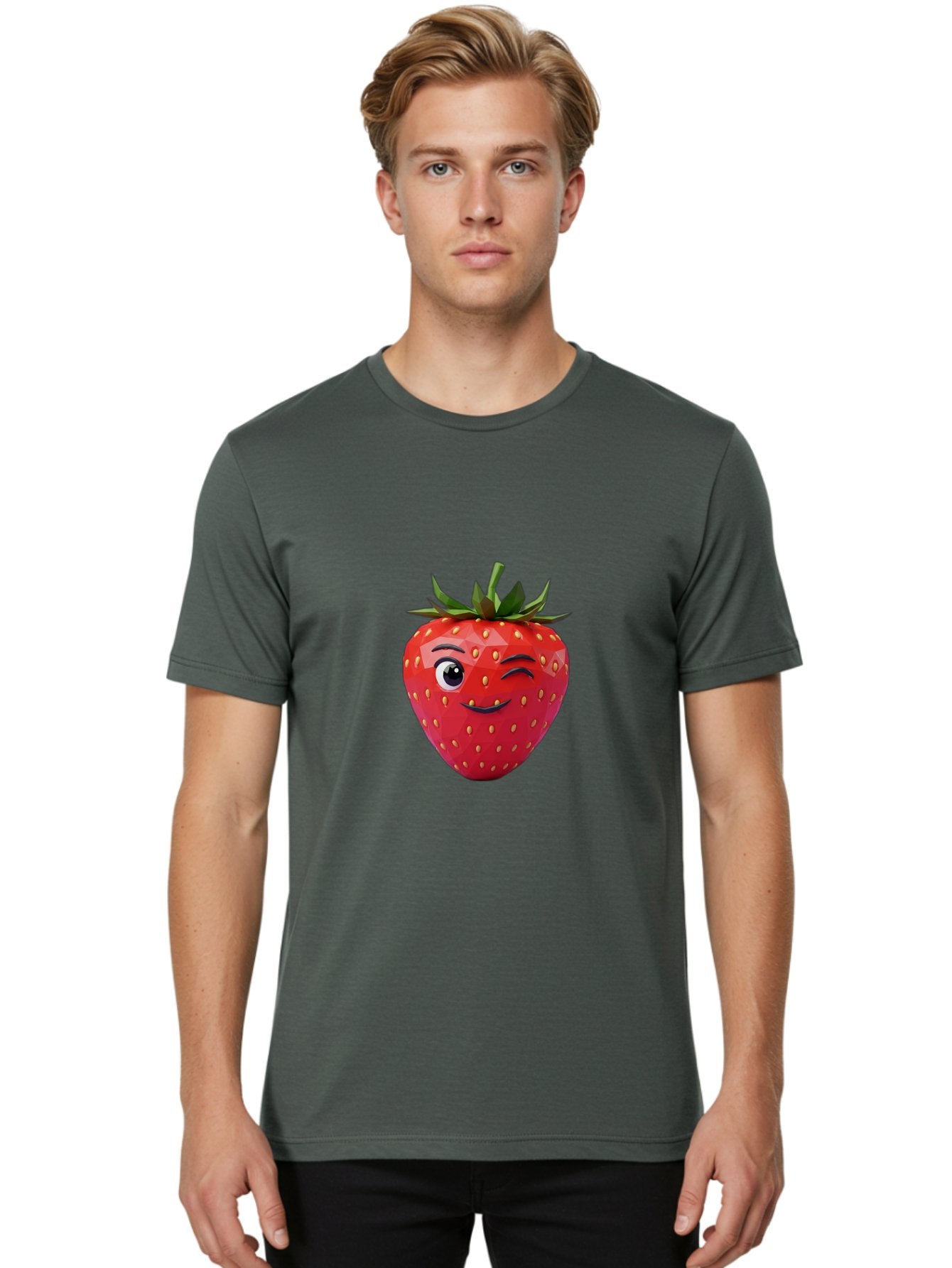 Winking-Strawberry-7 Men'S Graphic Tee, 100% Cotton, Comfortable Casual Summer Wear, Machine Washable, Winking Strawberry, Cute Strawberry, Cartoon Strawberry, Smiling Strawberry, Fruit Character, Adorable Fruit, Strawberry Face, Bac564 21