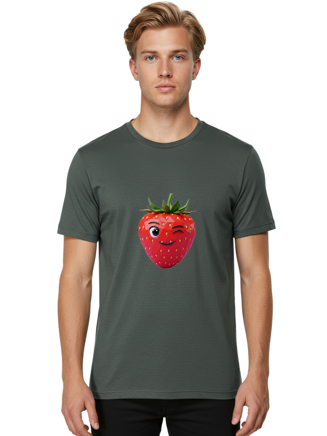 Winking-Strawberry-7 Men'S Graphic Tee, 100% Cotton, Comfortable Casual Summer Wear, Machine Washable, Winking Strawberry, Cute Strawberry, Cartoon Strawberry, Smiling Strawberry, Fruit Character, Adorable Fruit, Strawberry Face, Bac564 25