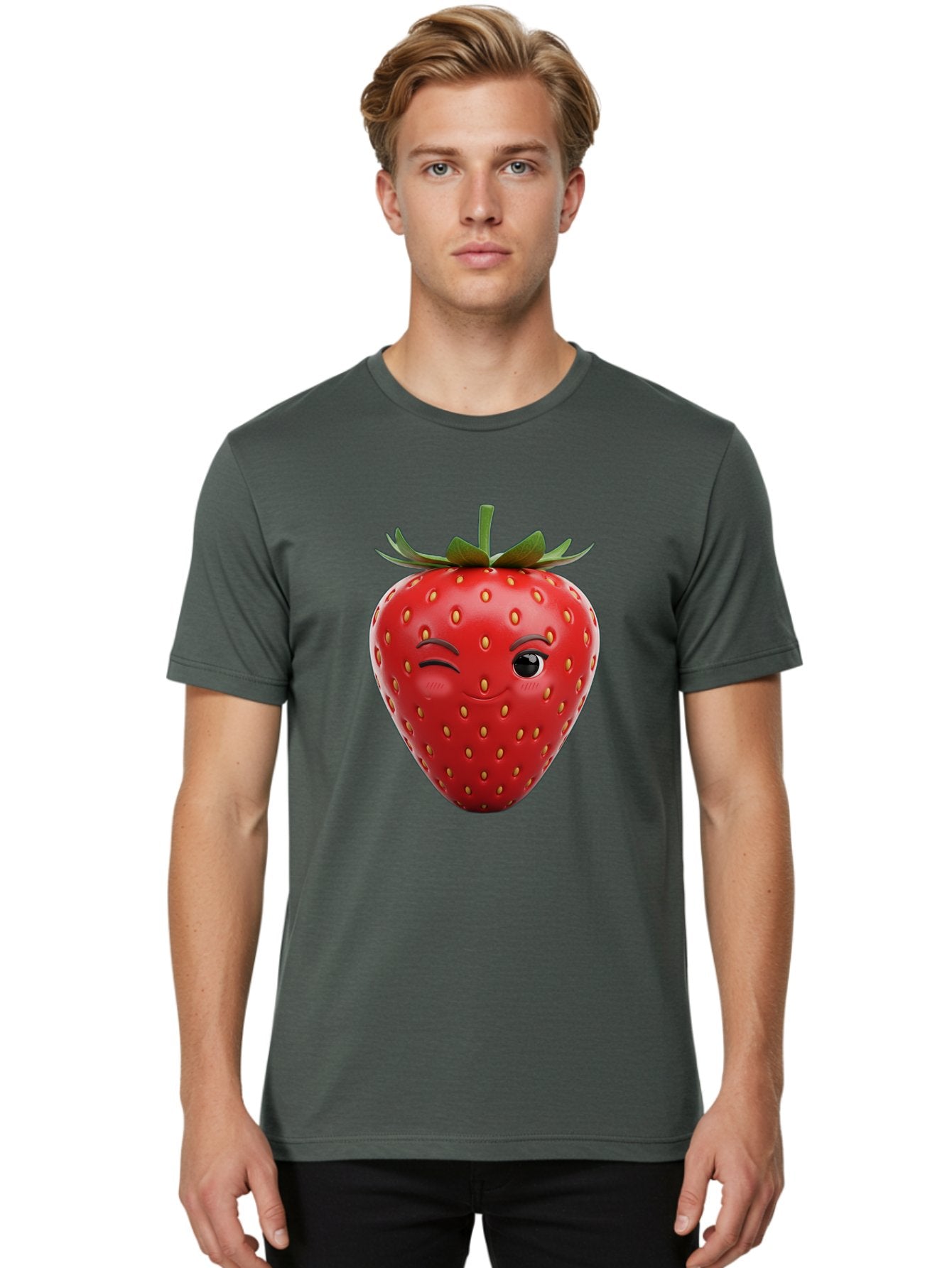 Winking-Strawberry-8 Men'S Graphic Tee, 100% Cotton, Comfortable Casual Summer Wear, Machine Washable, Cartoon Strawberry, Winking Face, Anthropomorphic Fruit, Red Fruit, Yellow Seeds, Green Leaves, Playful Expression, Whimsical Character, Bac565 18