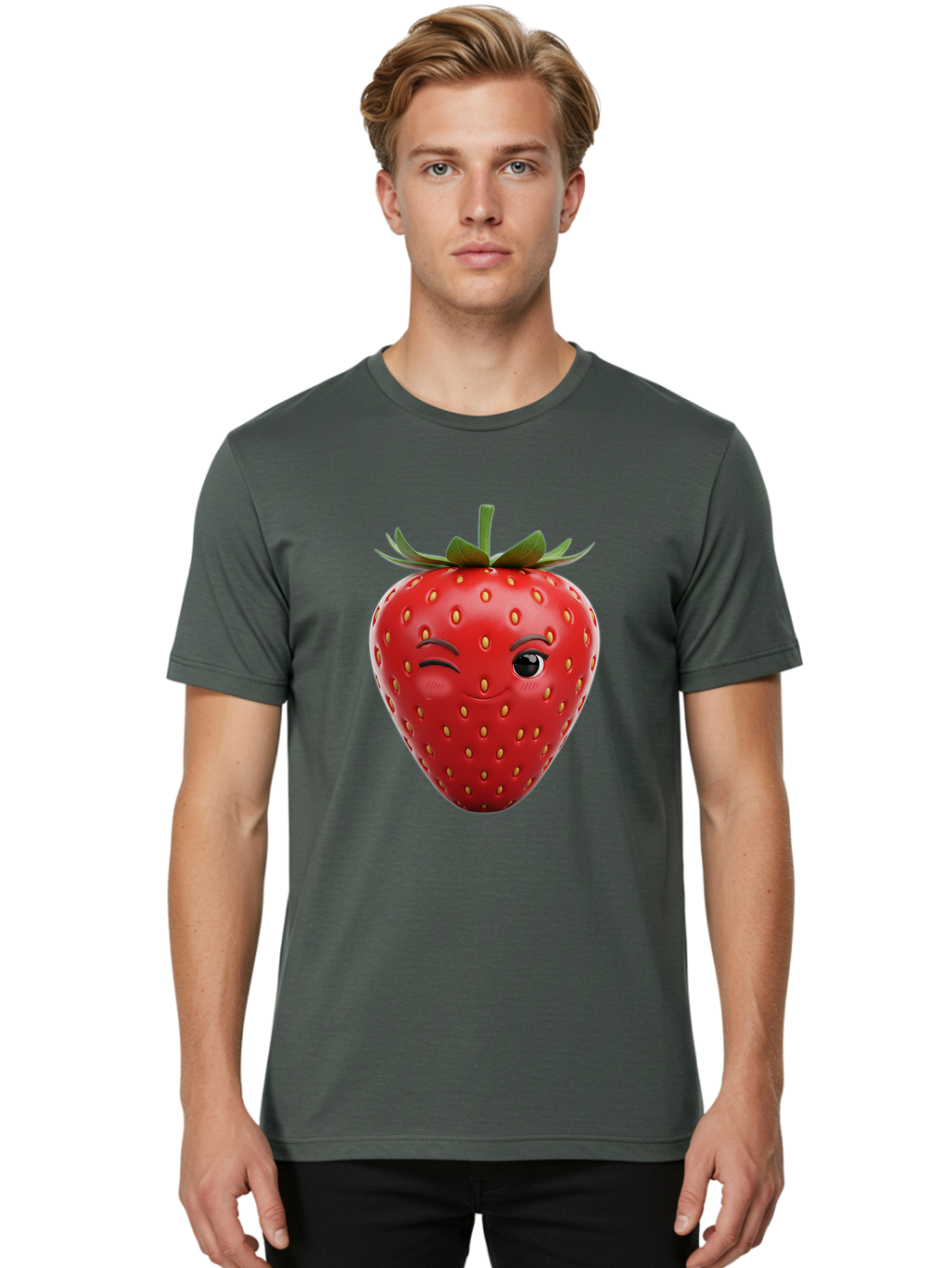 Winking-Strawberry-8 Men'S Graphic Tee, 100% Cotton, Comfortable Casual Summer Wear, Machine Washable, Cartoon Strawberry, Winking Face, Anthropomorphic Fruit, Red Fruit, Yellow Seeds, Green Leaves, Playful Expression, Whimsical Character, Bac565 27