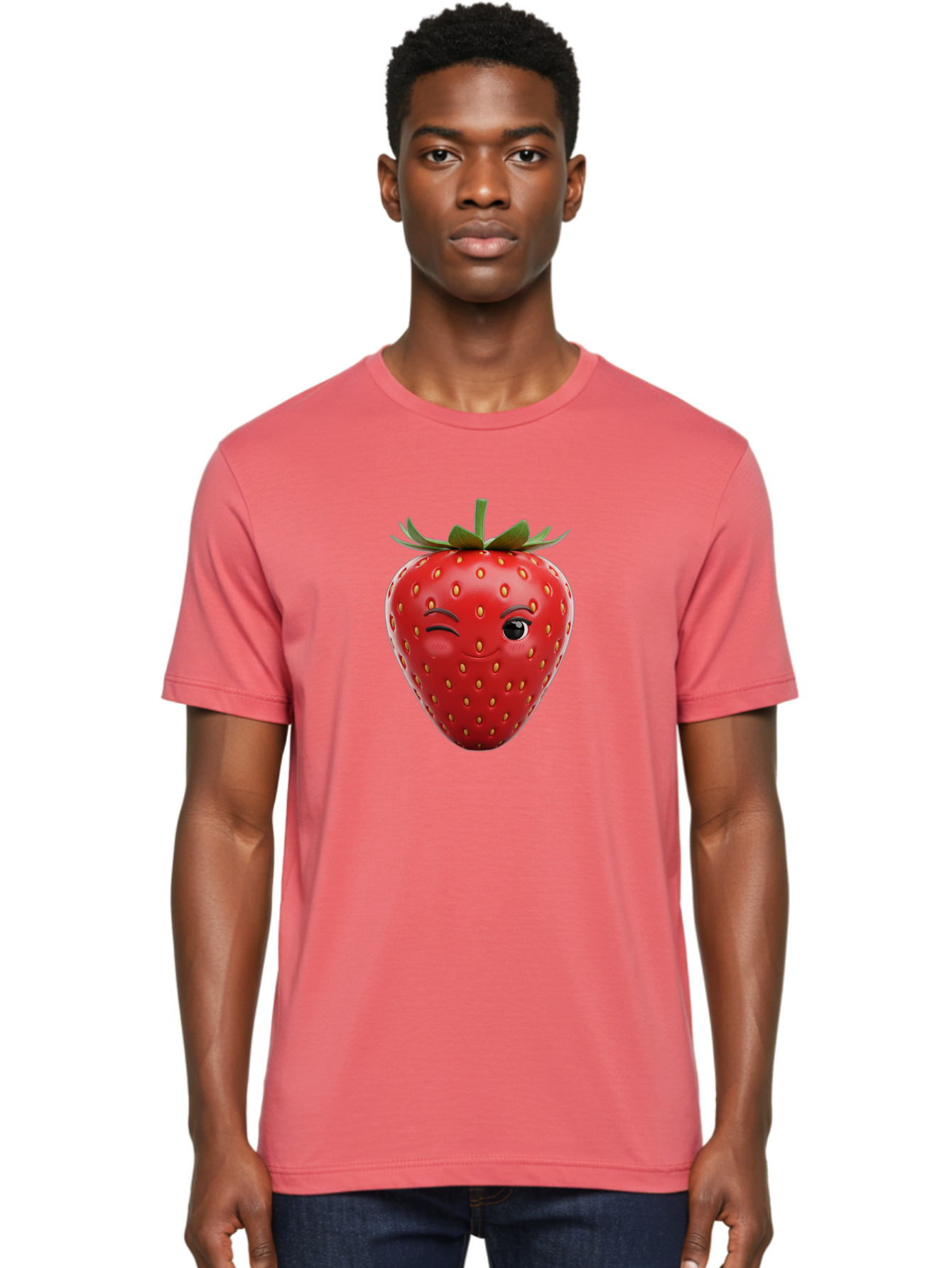 Winking-Strawberry-8 Men'S Graphic Tee, 100% Cotton, Comfortable Casual Summer Wear, Machine Washable, Cartoon Strawberry, Winking Face, Anthropomorphic Fruit, Red Fruit, Yellow Seeds, Green Leaves, Playful Expression, Whimsical Character, Bac565 26