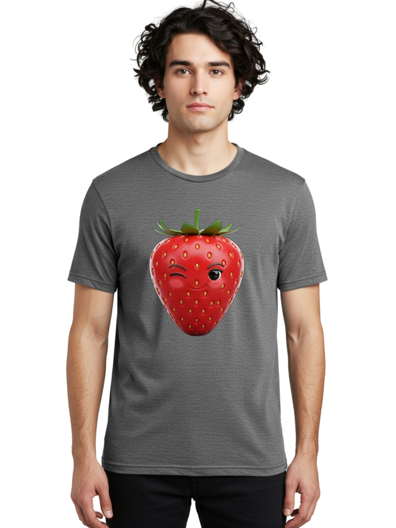 Winking-Strawberry-8 Men'S Graphic Tee, 100% Cotton, Comfortable Casual Summer Wear, Machine Washable, Cartoon Strawberry, Winking Face, Anthropomorphic Fruit, Red Fruit, Yellow Seeds, Green Leaves, Playful Expression, Whimsical Character, Bac565 25