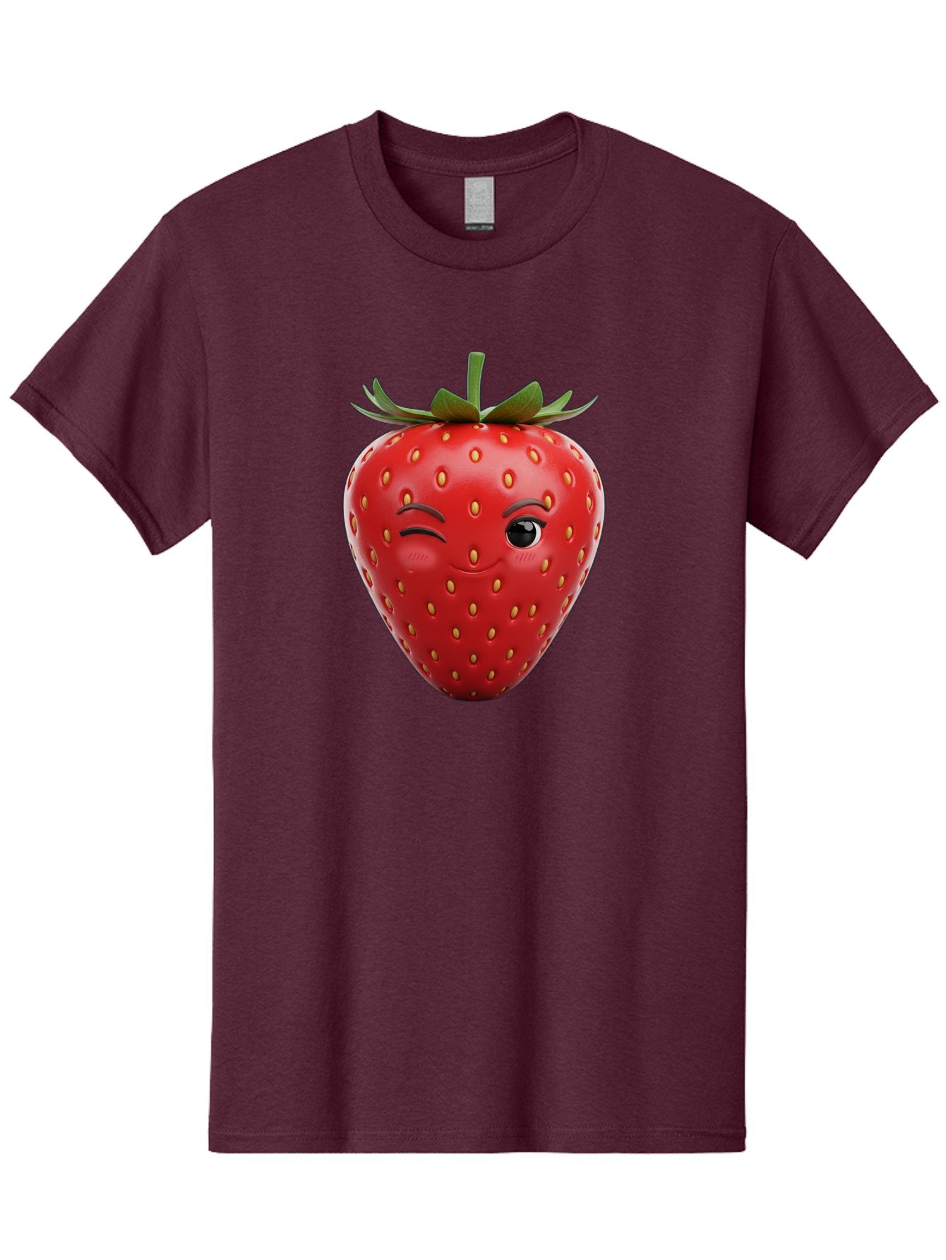 Winking-Strawberry-8 Men'S Graphic Tee, 100% Cotton, Comfortable Casual Summer Wear, Machine Washable, Cartoon Strawberry, Winking Face, Anthropomorphic Fruit, Red Fruit, Yellow Seeds, Green Leaves, Playful Expression, Whimsical Character, Bac565