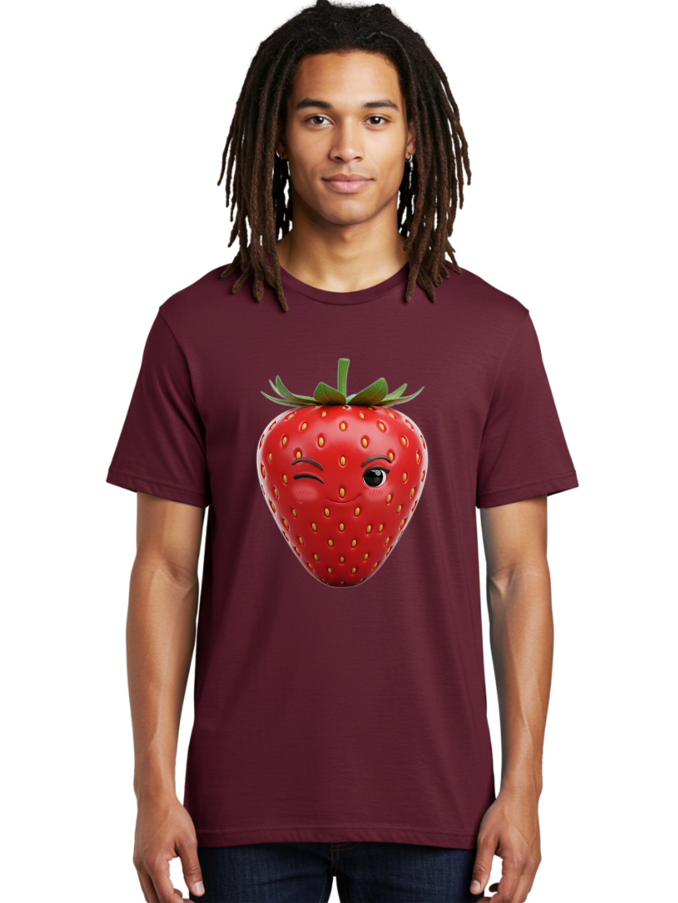 Winking-Strawberry-8 Men'S Graphic Tee, 100% Cotton, Comfortable Casual Summer Wear, Machine Washable, Cartoon Strawberry, Winking Face, Anthropomorphic Fruit, Red Fruit, Yellow Seeds, Green Leaves, Playful Expression, Whimsical Character, Bac565 25