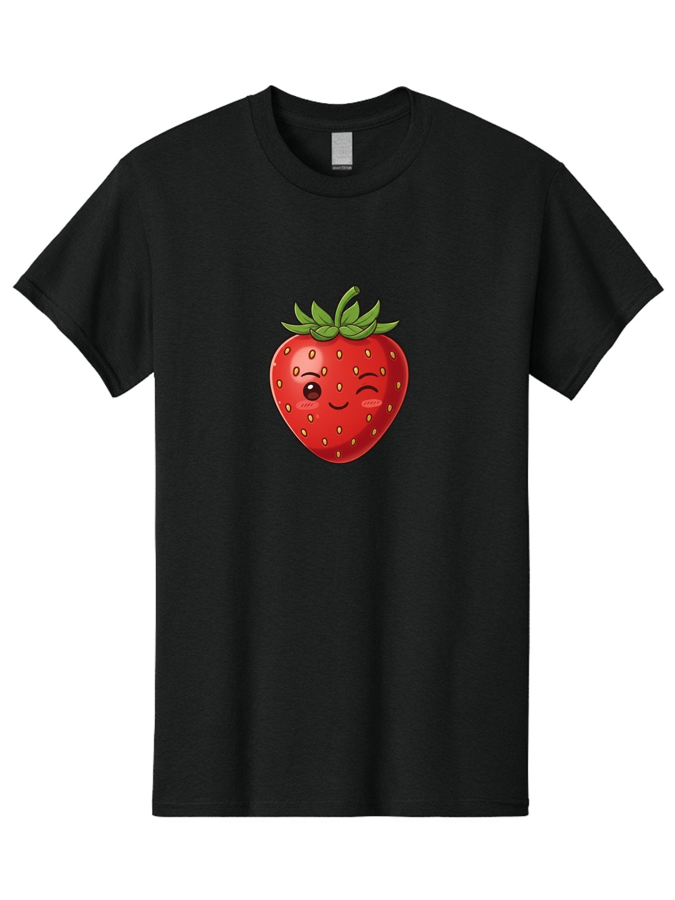 Winking-Strawberry-9 Men'S Graphic Tee, 100% Cotton, Comfortable Casual Summer Wear, Machine Washable, Cartoon Strawberry, Winking Face, Playful Fruit, Kawaii Character, Sweet Illustration, Vibrant Red, Yellow Seeds, Green Leaves, Bac566 13