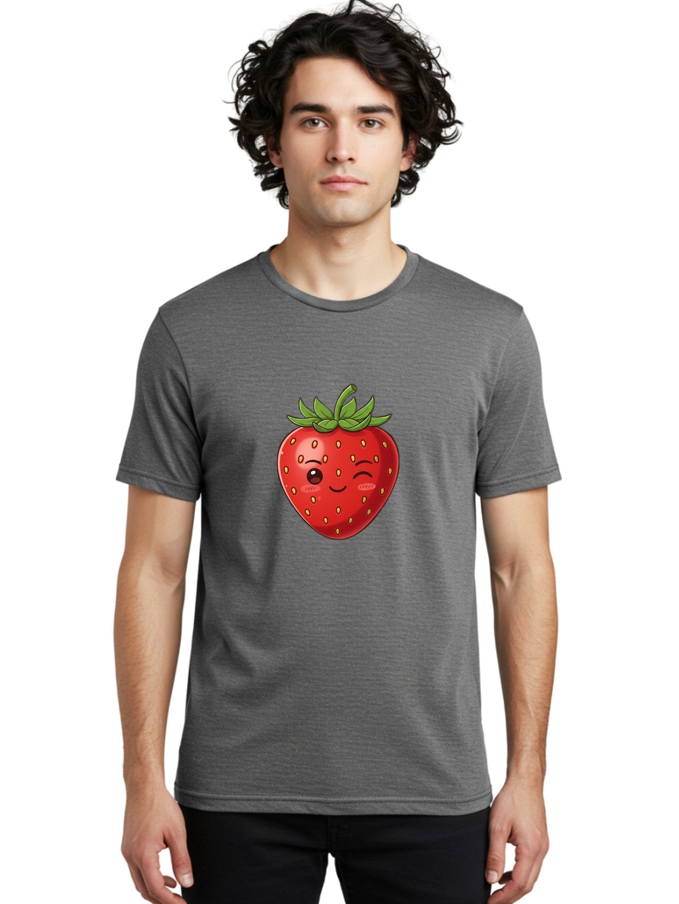 Winking-Strawberry-9 Men'S Graphic Tee, 100% Cotton, Comfortable Casual Summer Wear, Machine Washable, Cartoon Strawberry, Winking Face, Playful Fruit, Kawaii Character, Sweet Illustration, Vibrant Red, Yellow Seeds, Green Leaves, Bac566 25