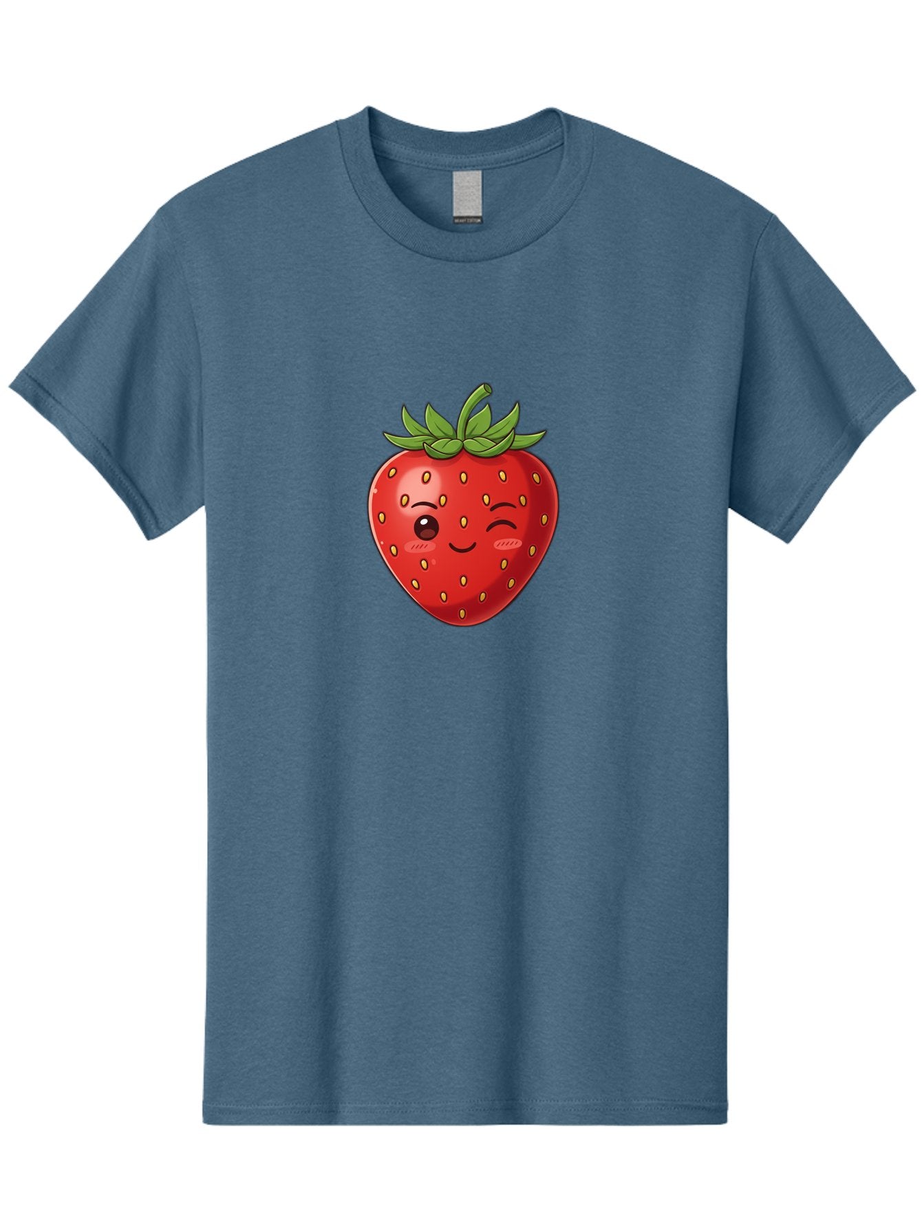 Winking-Strawberry-9 Men'S Graphic Tee, 100% Cotton, Comfortable Casual Summer Wear, Machine Washable, Cartoon Strawberry, Winking Face, Playful Fruit, Kawaii Character, Sweet Illustration, Vibrant Red, Yellow Seeds, Green Leaves, Bac566 12
