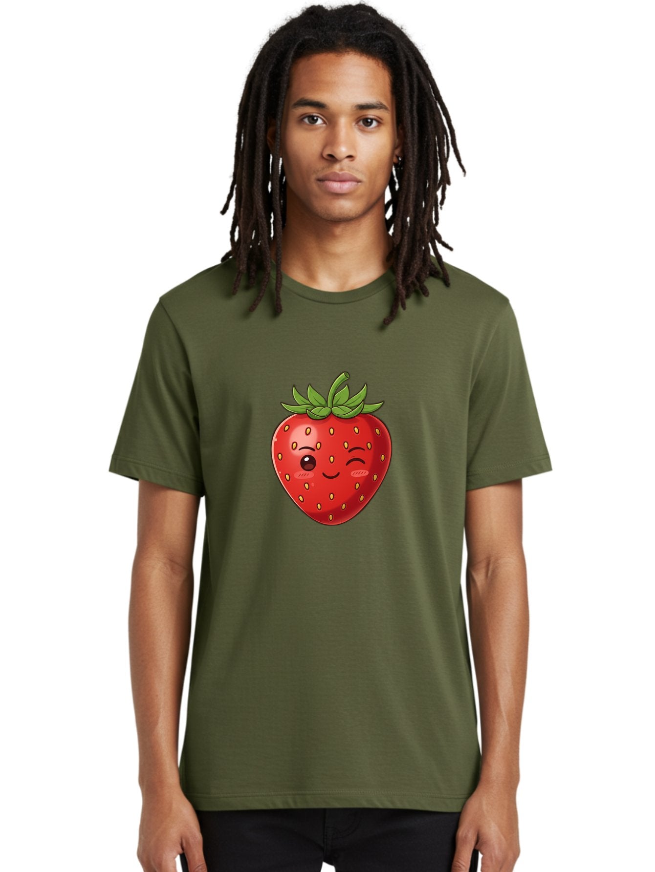 Winking-Strawberry-9 Men'S Graphic Tee, 100% Cotton, Comfortable Casual Summer Wear, Machine Washable, Cartoon Strawberry, Winking Face, Playful Fruit, Kawaii Character, Sweet Illustration, Vibrant Red, Yellow Seeds, Green Leaves, Bac566 18
