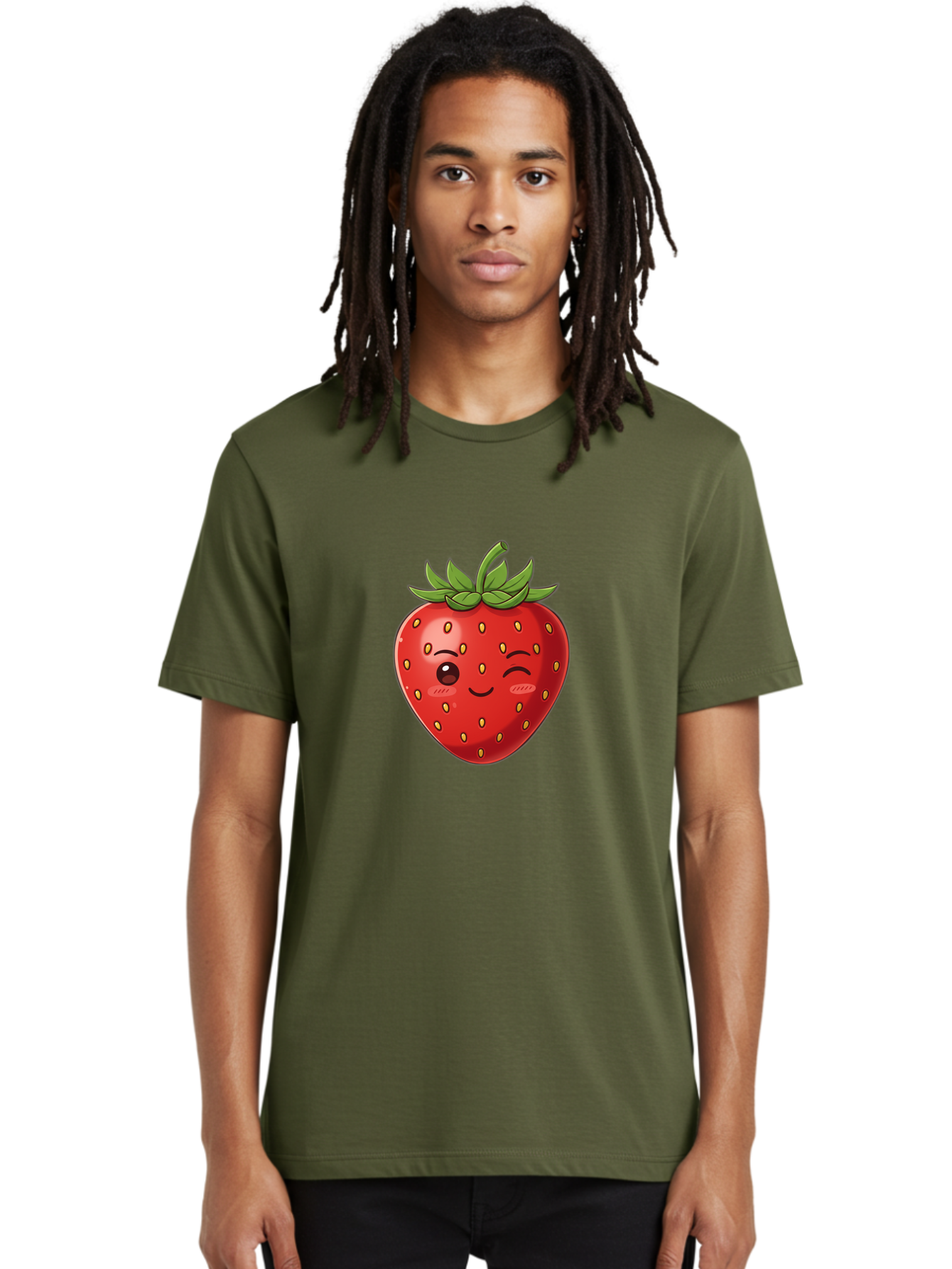 Winking-Strawberry-9 Men'S Graphic Tee, 100% Cotton, Comfortable Casual Summer Wear, Machine Washable, Cartoon Strawberry, Winking Face, Playful Fruit, Kawaii Character, Sweet Illustration, Vibrant Red, Yellow Seeds, Green Leaves, Bac566 27