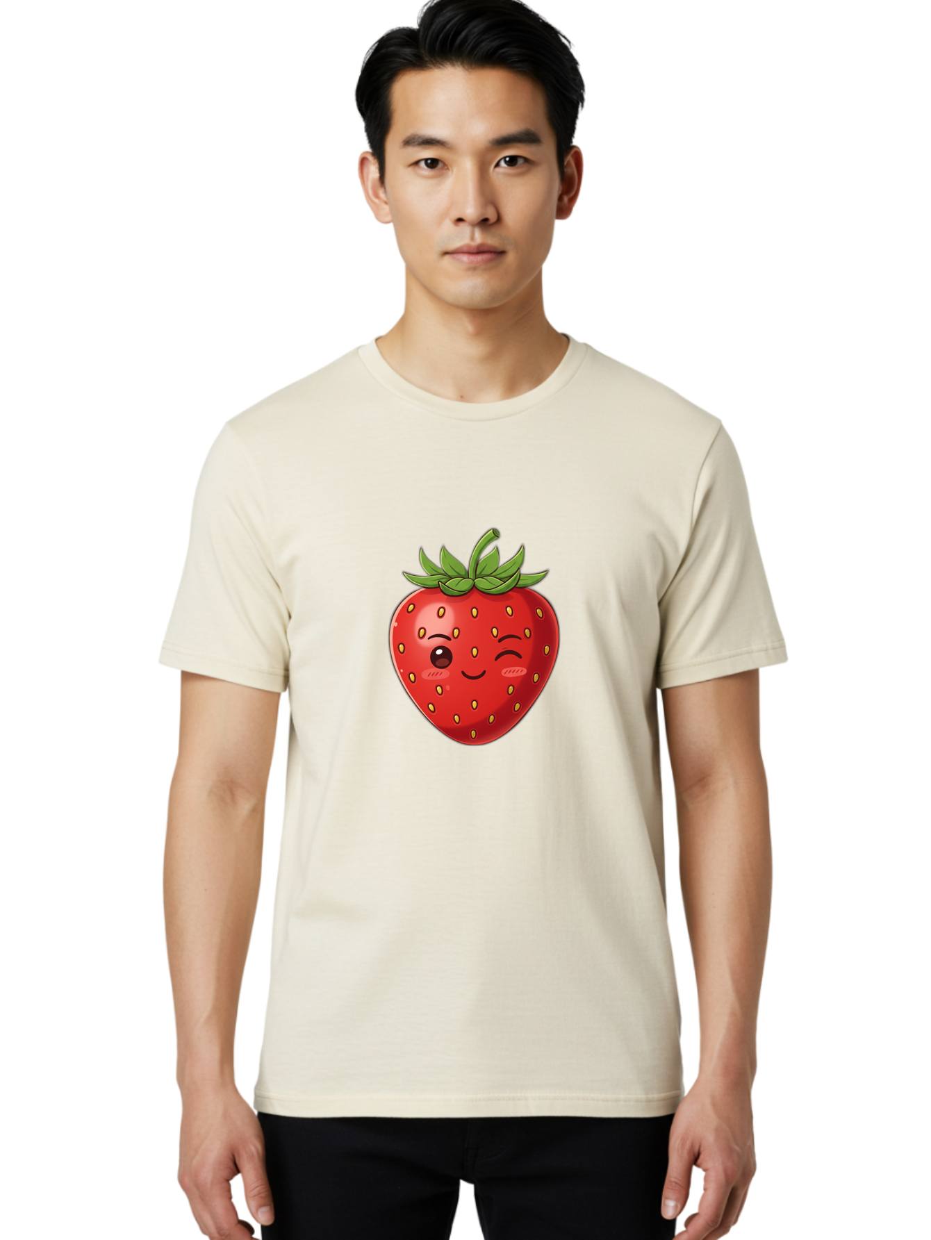 Winking-Strawberry-9 Men'S Graphic Tee, 100% Cotton, Comfortable Casual Summer Wear, Machine Washable, Cartoon Strawberry, Winking Face, Playful Fruit, Kawaii Character, Sweet Illustration, Vibrant Red, Yellow Seeds, Green Leaves, Bac566 25