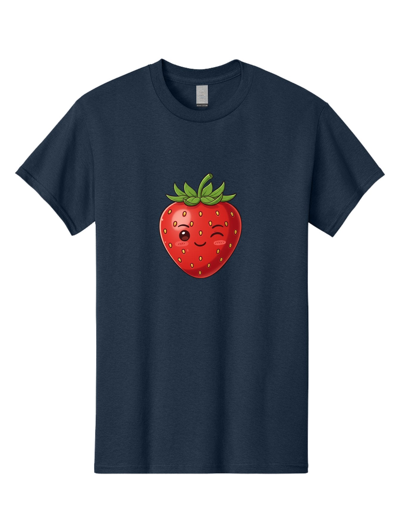 Winking-Strawberry-9 Men'S Graphic Tee, 100% Cotton, Comfortable Casual Summer Wear, Machine Washable, Cartoon Strawberry, Winking Face, Playful Fruit, Kawaii Character, Sweet Illustration, Vibrant Red, Yellow Seeds, Green Leaves, Bac566 11