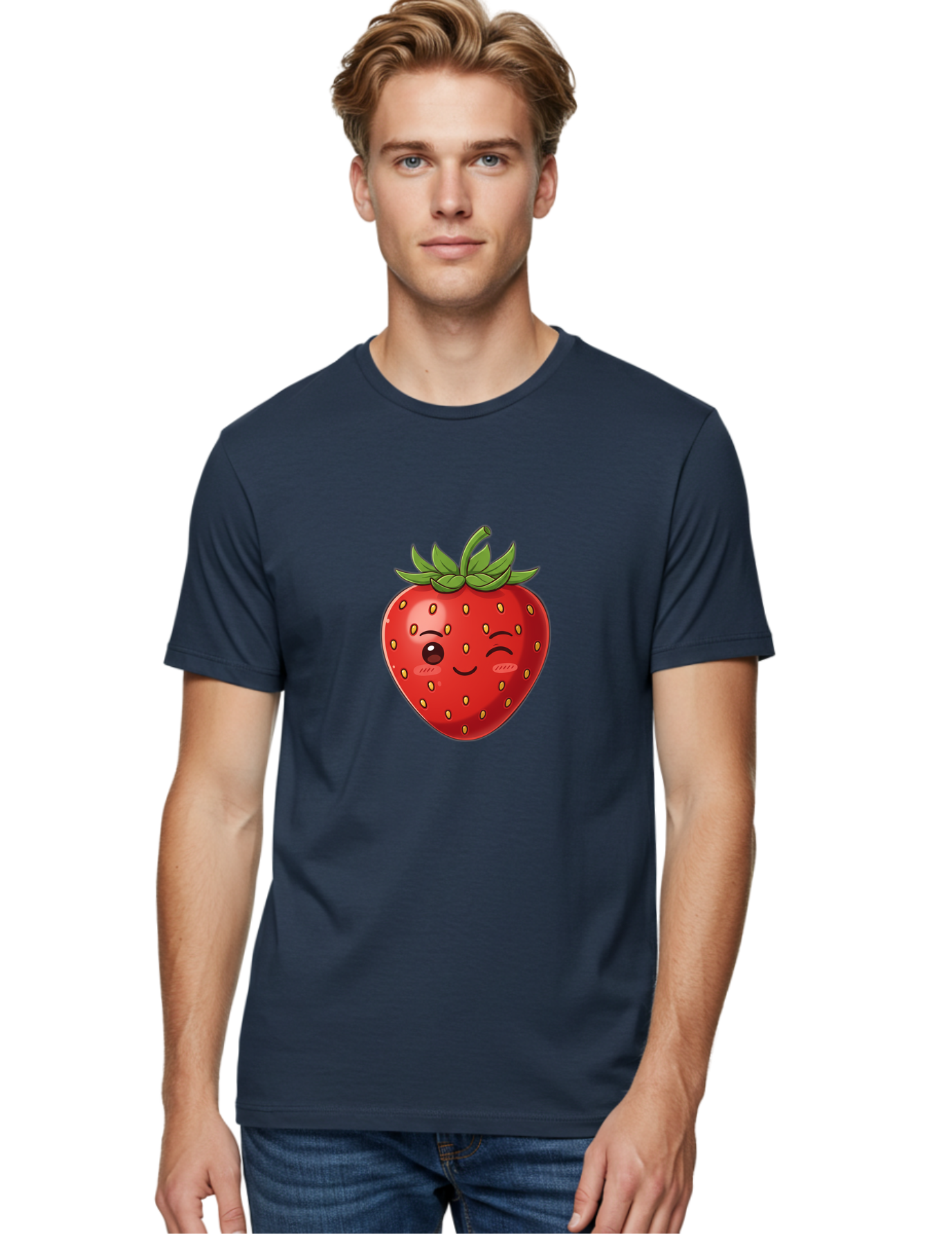 Winking-Strawberry-9 Men'S Graphic Tee, 100% Cotton, Comfortable Casual Summer Wear, Machine Washable, Cartoon Strawberry, Winking Face, Playful Fruit, Kawaii Character, Sweet Illustration, Vibrant Red, Yellow Seeds, Green Leaves, Bac566 19