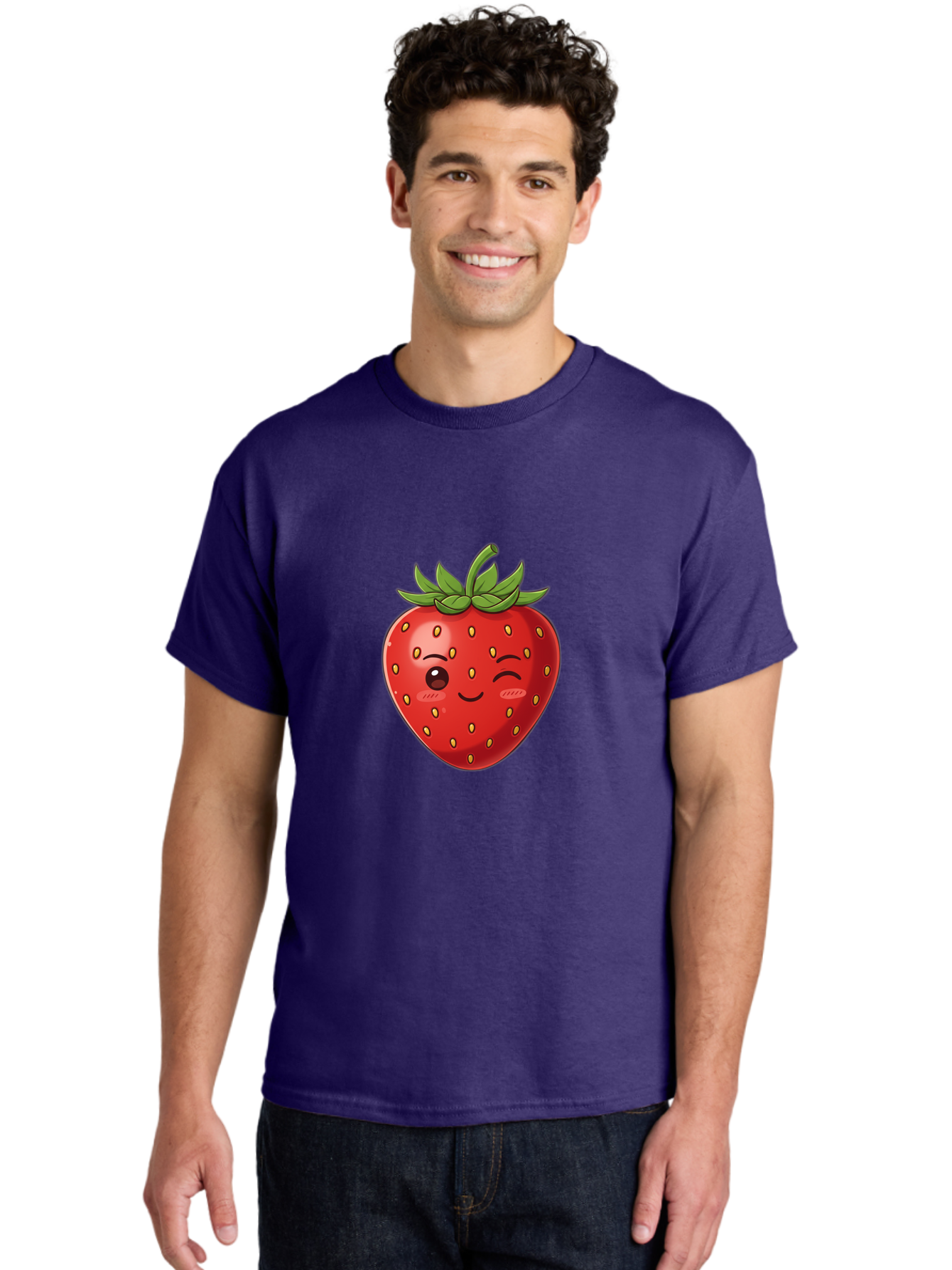 Winking-Strawberry-9 Men'S Graphic Tee, 100% Cotton, Comfortable Casual Summer Wear, Machine Washable, Cartoon Strawberry, Winking Face, Playful Fruit, Kawaii Character, Sweet Illustration, Vibrant Red, Yellow Seeds, Green Leaves, Bac566 26