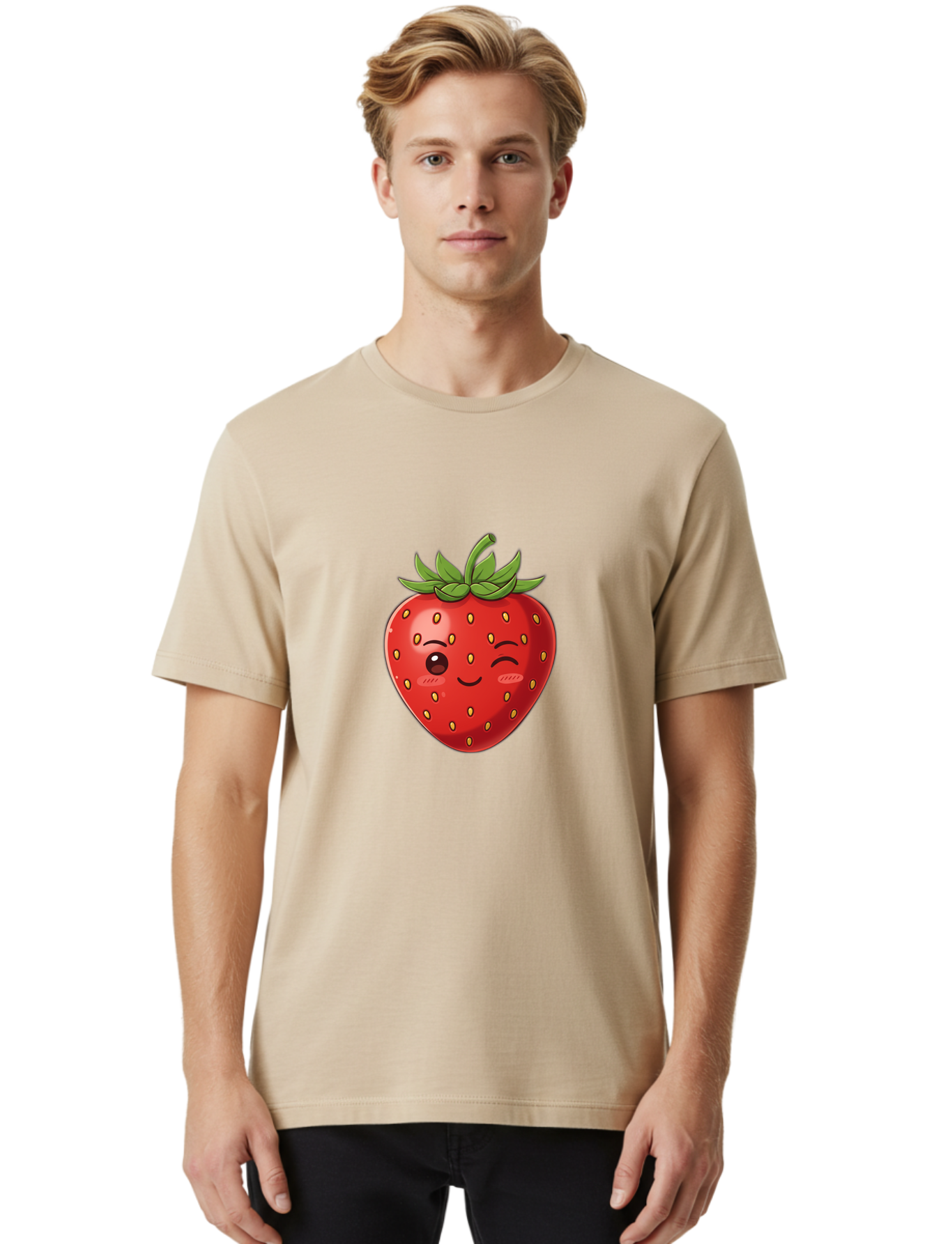 Winking-Strawberry-9 Men'S Graphic Tee, 100% Cotton, Comfortable Casual Summer Wear, Machine Washable, Cartoon Strawberry, Winking Face, Playful Fruit, Kawaii Character, Sweet Illustration, Vibrant Red, Yellow Seeds, Green Leaves, Bac566 23