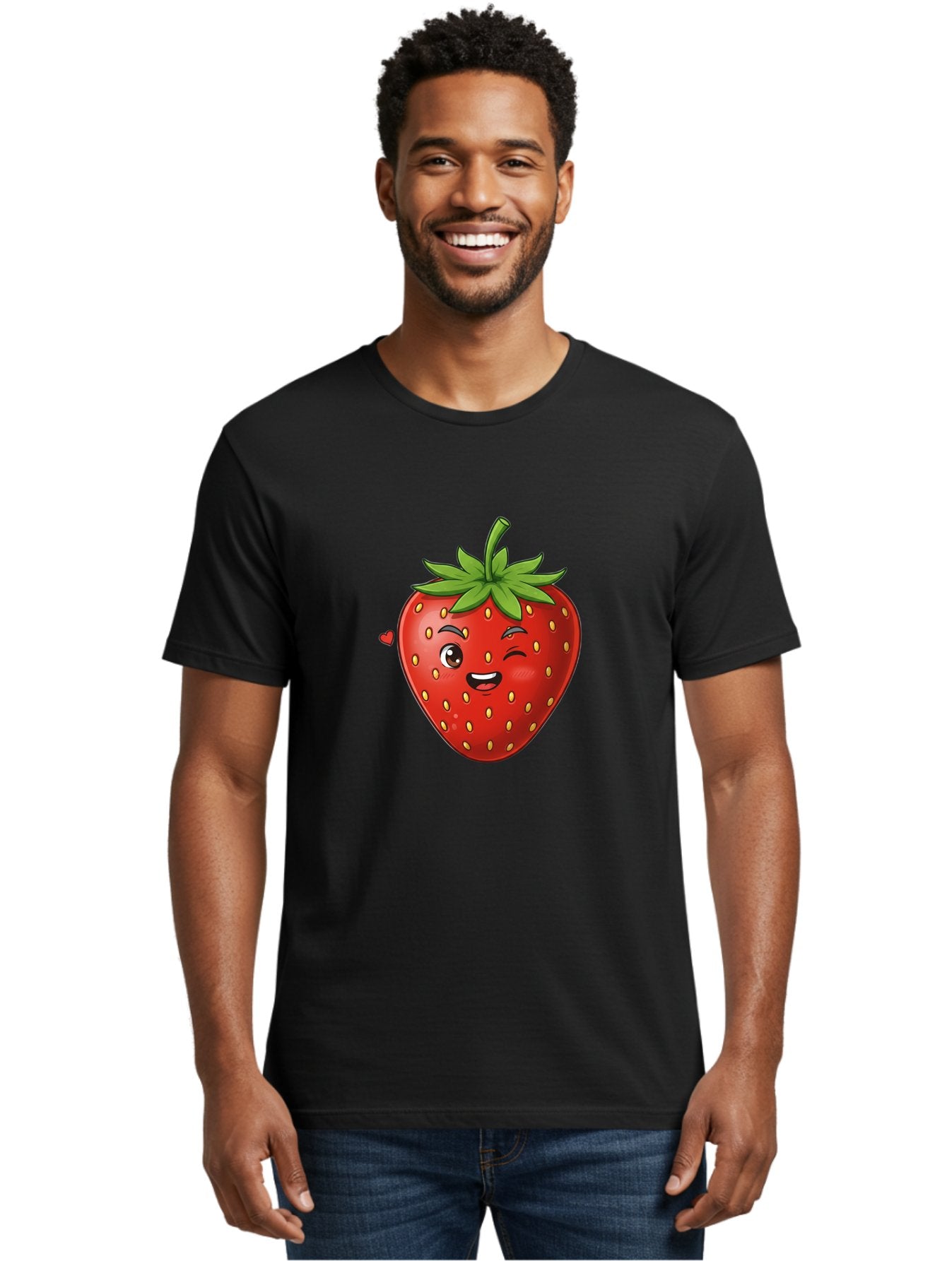 Winking-Strawberry Men'S Graphic Tee, 100% Cotton, Comfortable Casual Summer Wear, Machine Washable, Cartoon Strawberry, Winking Face, Cute Character, Red Fruit, Green Leaves, Yellow Seeds, Playful Vibe, Sweet Treat, Kawaii Icon, Bac567 22