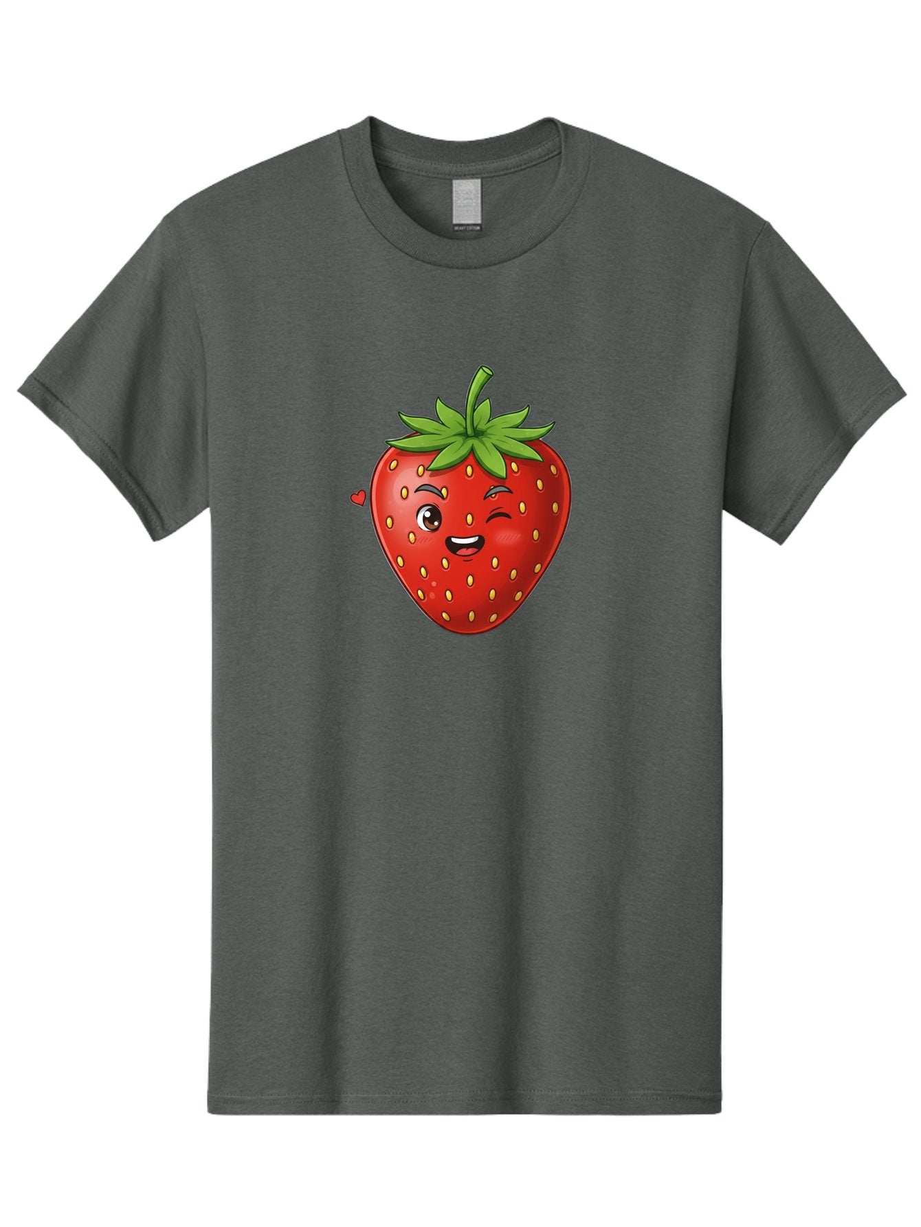 Winking-Strawberry Men'S Graphic Tee, 100% Cotton, Comfortable Casual Summer Wear, Machine Washable, Cartoon Strawberry, Winking Face, Cute Character, Red Fruit, Green Leaves, Yellow Seeds, Playful Vibe, Sweet Treat, Kawaii Icon, Bac567 5