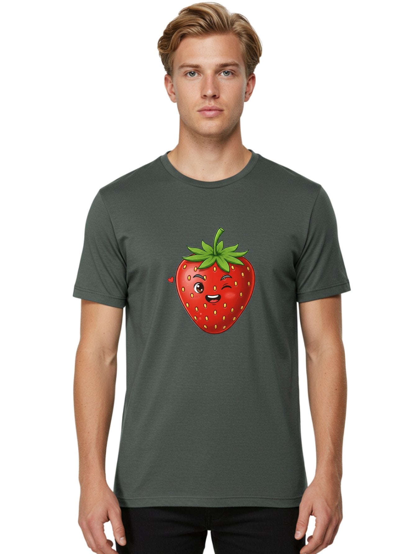 Winking-Strawberry Men'S Graphic Tee, 100% Cotton, Comfortable Casual Summer Wear, Machine Washable, Cartoon Strawberry, Winking Face, Cute Character, Red Fruit, Green Leaves, Yellow Seeds, Playful Vibe, Sweet Treat, Kawaii Icon, Bac567 23