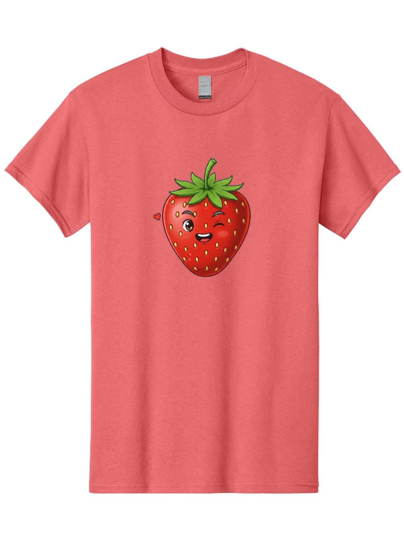 Winking-Strawberry Men'S Graphic Tee, 100% Cotton, Comfortable Casual Summer Wear, Machine Washable, Cartoon Strawberry, Winking Face, Cute Character, Red Fruit, Green Leaves, Yellow Seeds, Playful Vibe, Sweet Treat, Kawaii Icon, Bac567