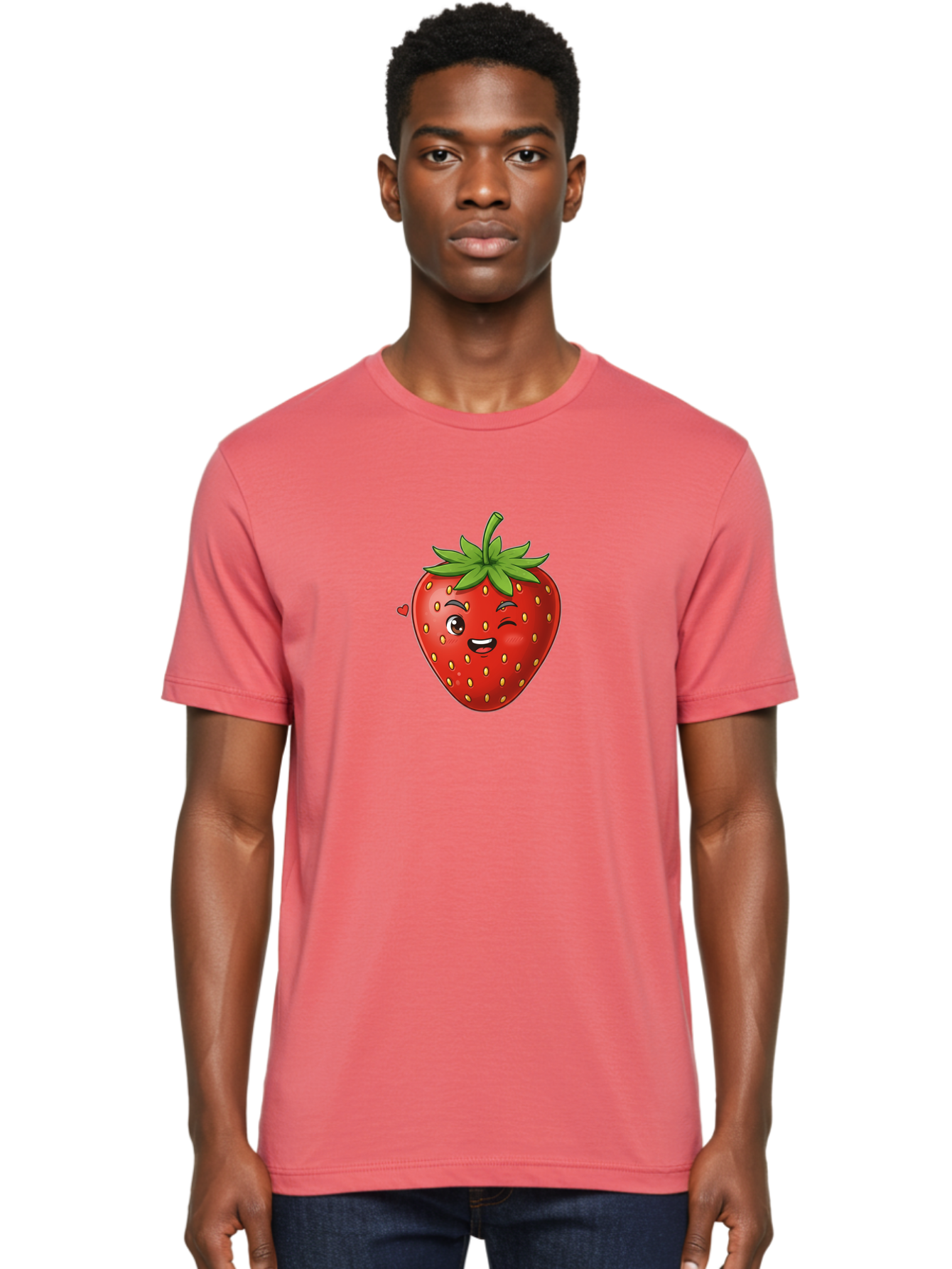 Winking-Strawberry Men'S Graphic Tee, 100% Cotton, Comfortable Casual Summer Wear, Machine Washable, Cartoon Strawberry, Winking Face, Cute Character, Red Fruit, Green Leaves, Yellow Seeds, Playful Vibe, Sweet Treat, Kawaii Icon, Bac567 26