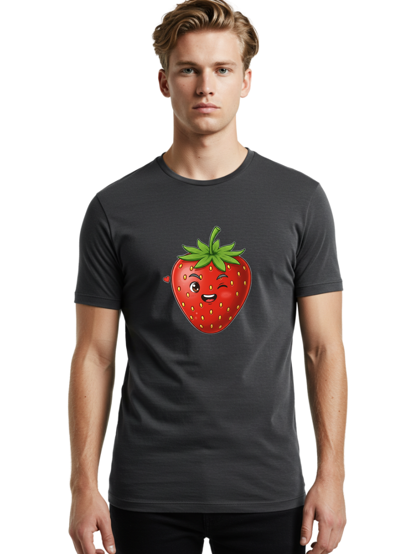 Winking-Strawberry Men'S Graphic Tee, 100% Cotton, Comfortable Casual Summer Wear, Machine Washable, Cartoon Strawberry, Winking Face, Cute Character, Red Fruit, Green Leaves, Yellow Seeds, Playful Vibe, Sweet Treat, Kawaii Icon, Bac567 25