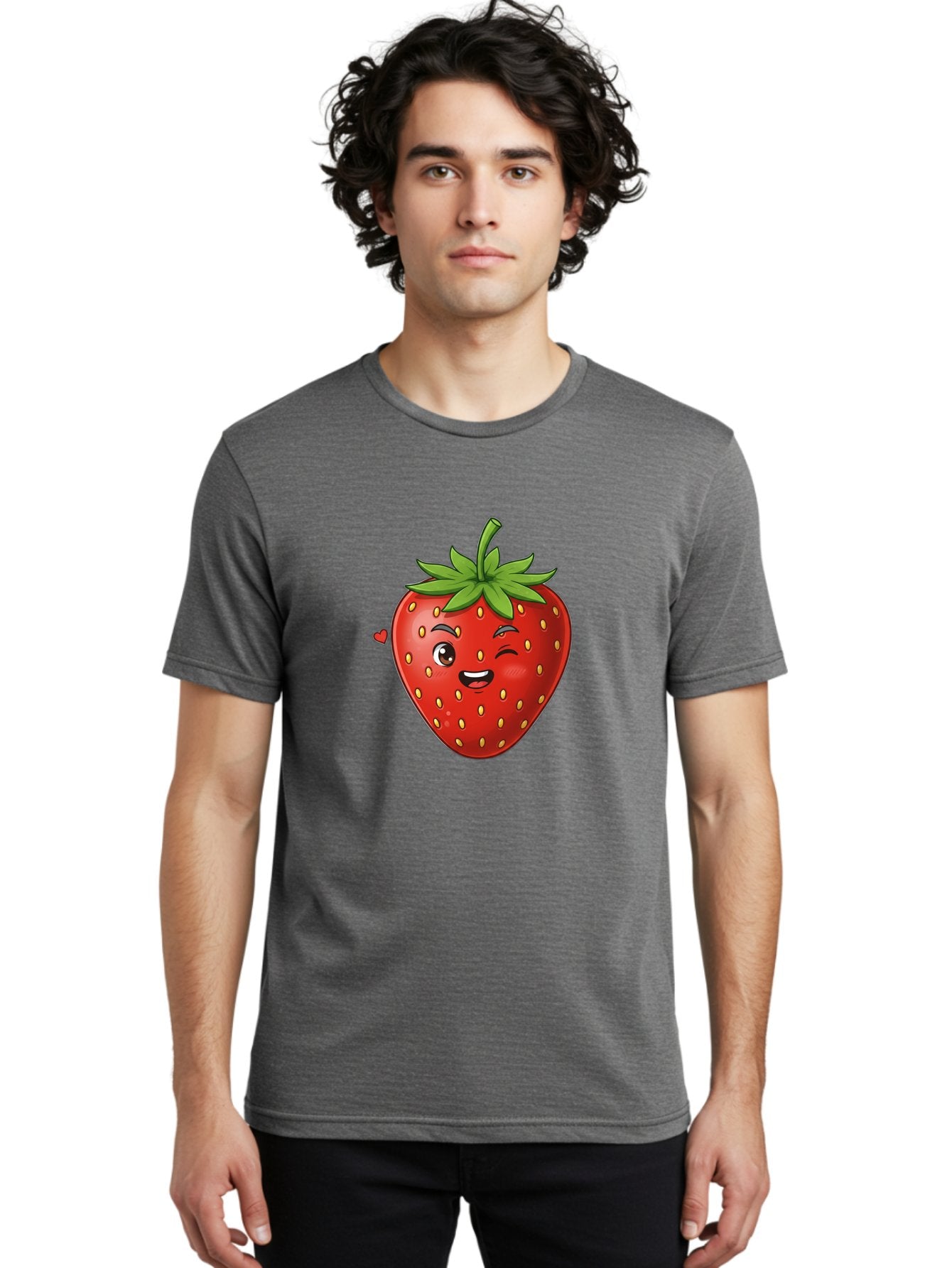 Winking-Strawberry Men'S Graphic Tee, 100% Cotton, Comfortable Casual Summer Wear, Machine Washable, Cartoon Strawberry, Winking Face, Cute Character, Red Fruit, Green Leaves, Yellow Seeds, Playful Vibe, Sweet Treat, Kawaii Icon, Bac567 17