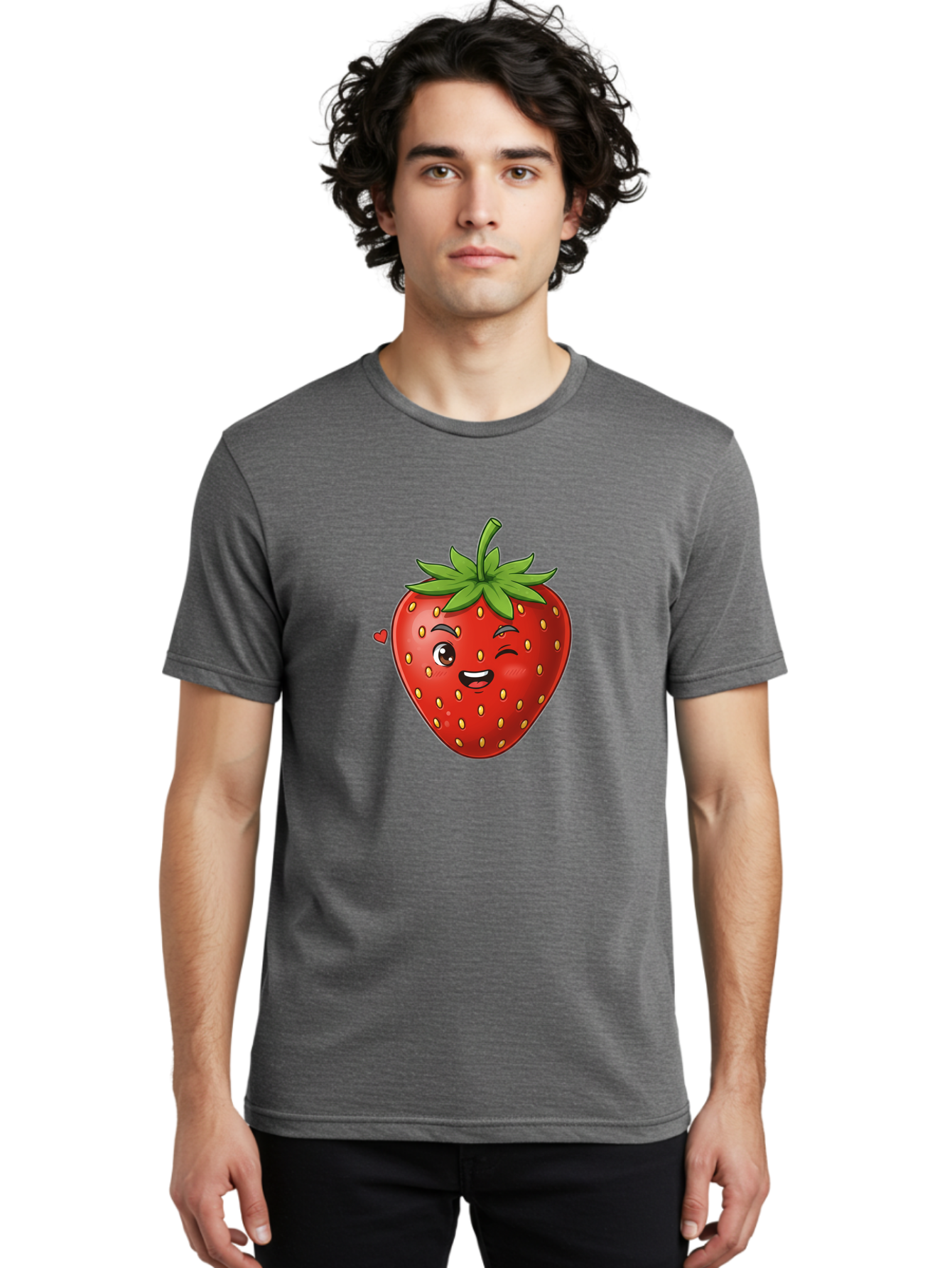 Winking-Strawberry Men'S Graphic Tee, 100% Cotton, Comfortable Casual Summer Wear, Machine Washable, Cartoon Strawberry, Winking Face, Cute Character, Red Fruit, Green Leaves, Yellow Seeds, Playful Vibe, Sweet Treat, Kawaii Icon, Bac567 29