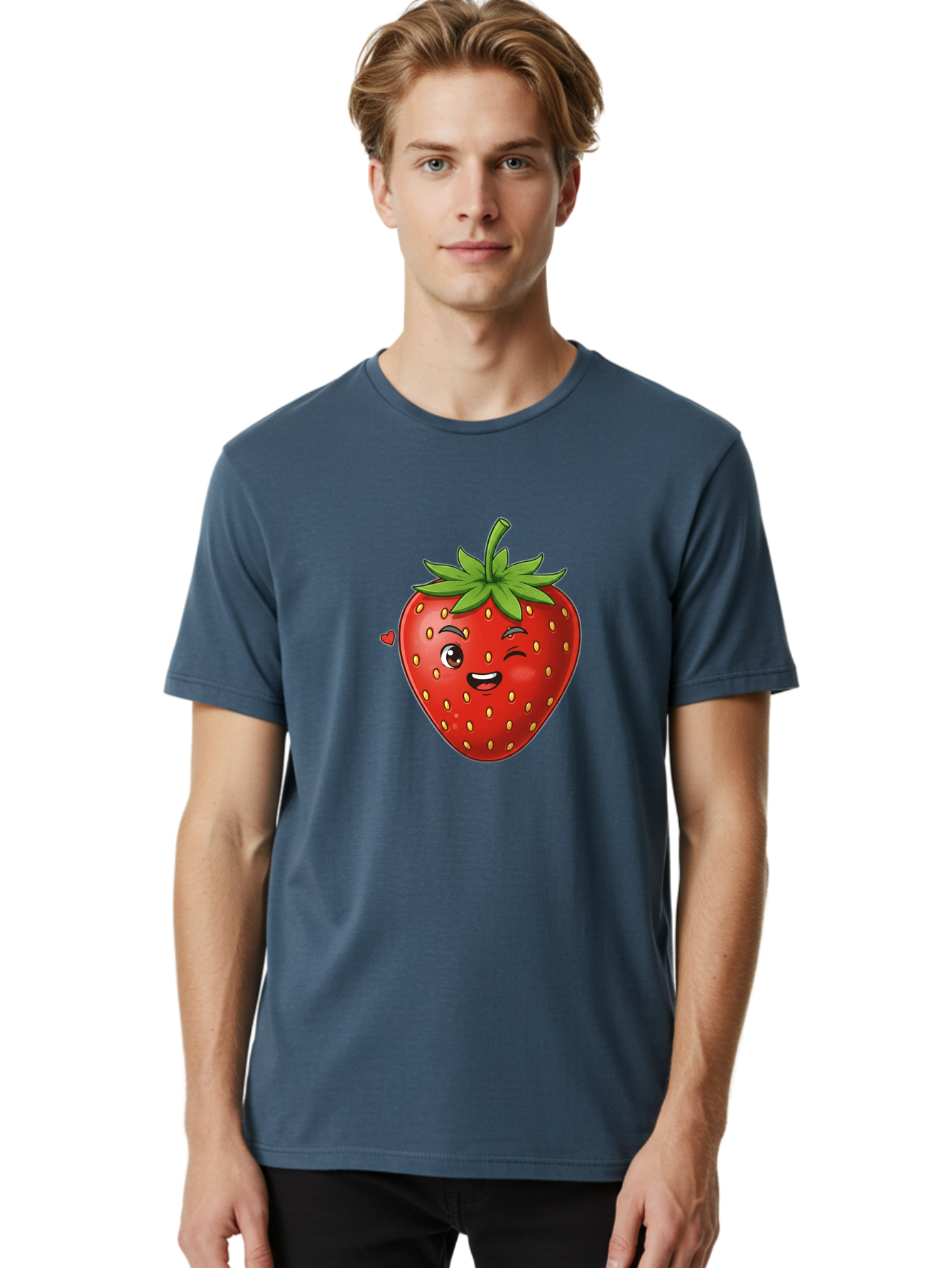 Winking-Strawberry Men'S Graphic Tee, 100% Cotton, Comfortable Casual Summer Wear, Machine Washable, Cartoon Strawberry, Winking Face, Cute Character, Red Fruit, Green Leaves, Yellow Seeds, Playful Vibe, Sweet Treat, Kawaii Icon, Bac567 18