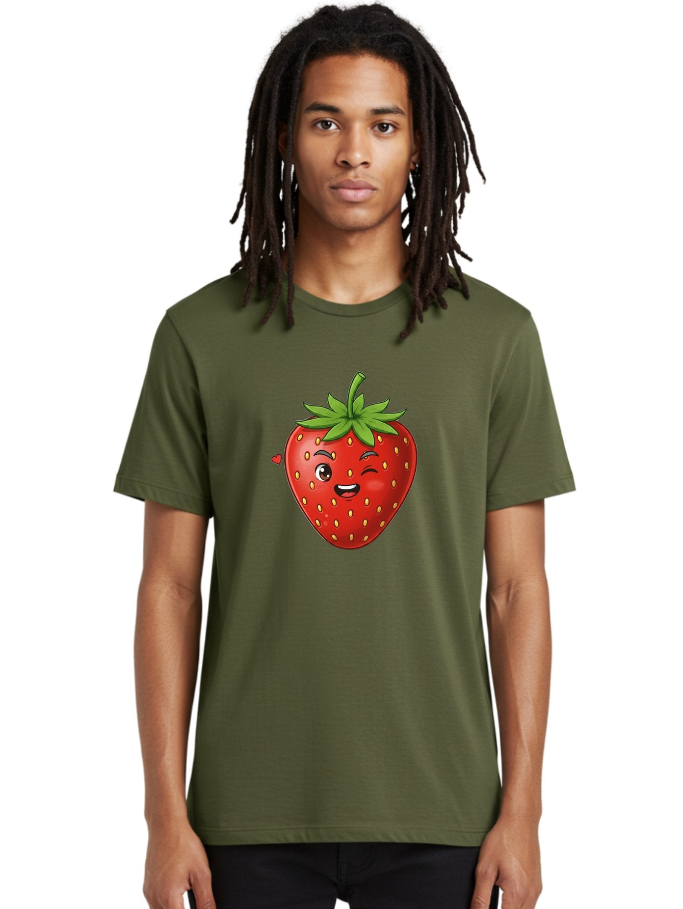 Winking-Strawberry Men'S Graphic Tee, 100% Cotton, Comfortable Casual Summer Wear, Machine Washable, Cartoon Strawberry, Winking Face, Cute Character, Red Fruit, Green Leaves, Yellow Seeds, Playful Vibe, Sweet Treat, Kawaii Icon, Bac567 18