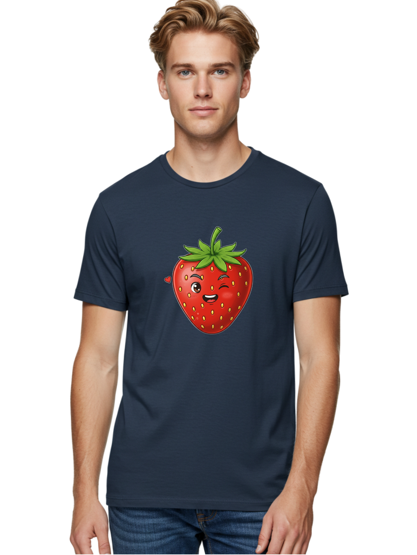 Winking-Strawberry Men'S Graphic Tee, 100% Cotton, Comfortable Casual Summer Wear, Machine Washable, Cartoon Strawberry, Winking Face, Cute Character, Red Fruit, Green Leaves, Yellow Seeds, Playful Vibe, Sweet Treat, Kawaii Icon, Bac567 30