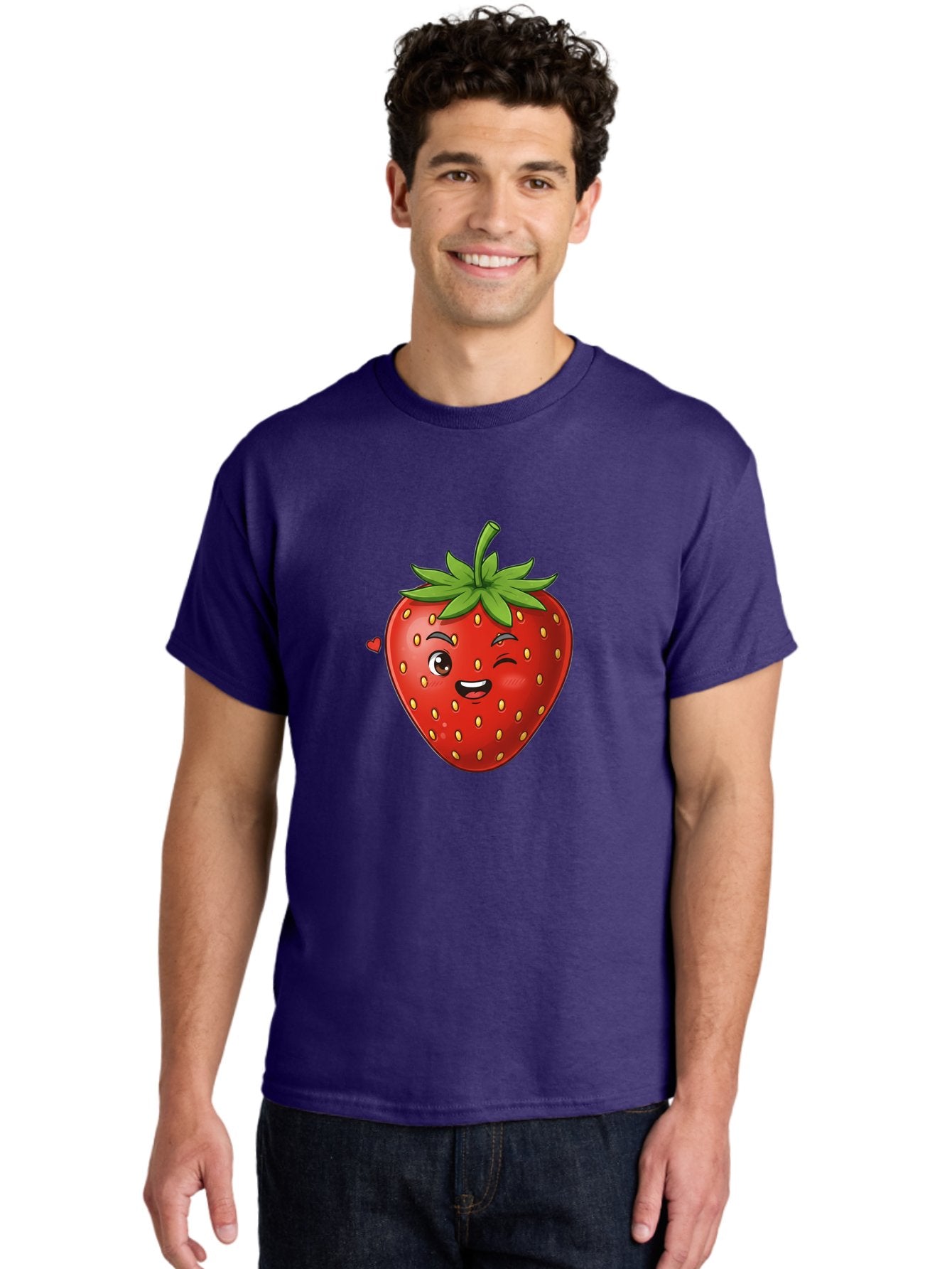 Winking-Strawberry Men'S Graphic Tee, 100% Cotton, Comfortable Casual Summer Wear, Machine Washable, Cartoon Strawberry, Winking Face, Cute Character, Red Fruit, Green Leaves, Yellow Seeds, Playful Vibe, Sweet Treat, Kawaii Icon, Bac567 25