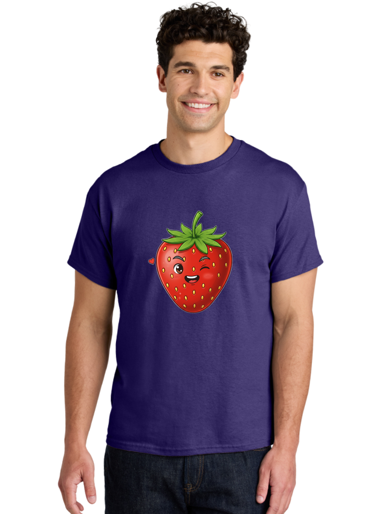 Winking-Strawberry Men'S Graphic Tee, 100% Cotton, Comfortable Casual Summer Wear, Machine Washable, Cartoon Strawberry, Winking Face, Cute Character, Red Fruit, Green Leaves, Yellow Seeds, Playful Vibe, Sweet Treat, Kawaii Icon, Bac567 21