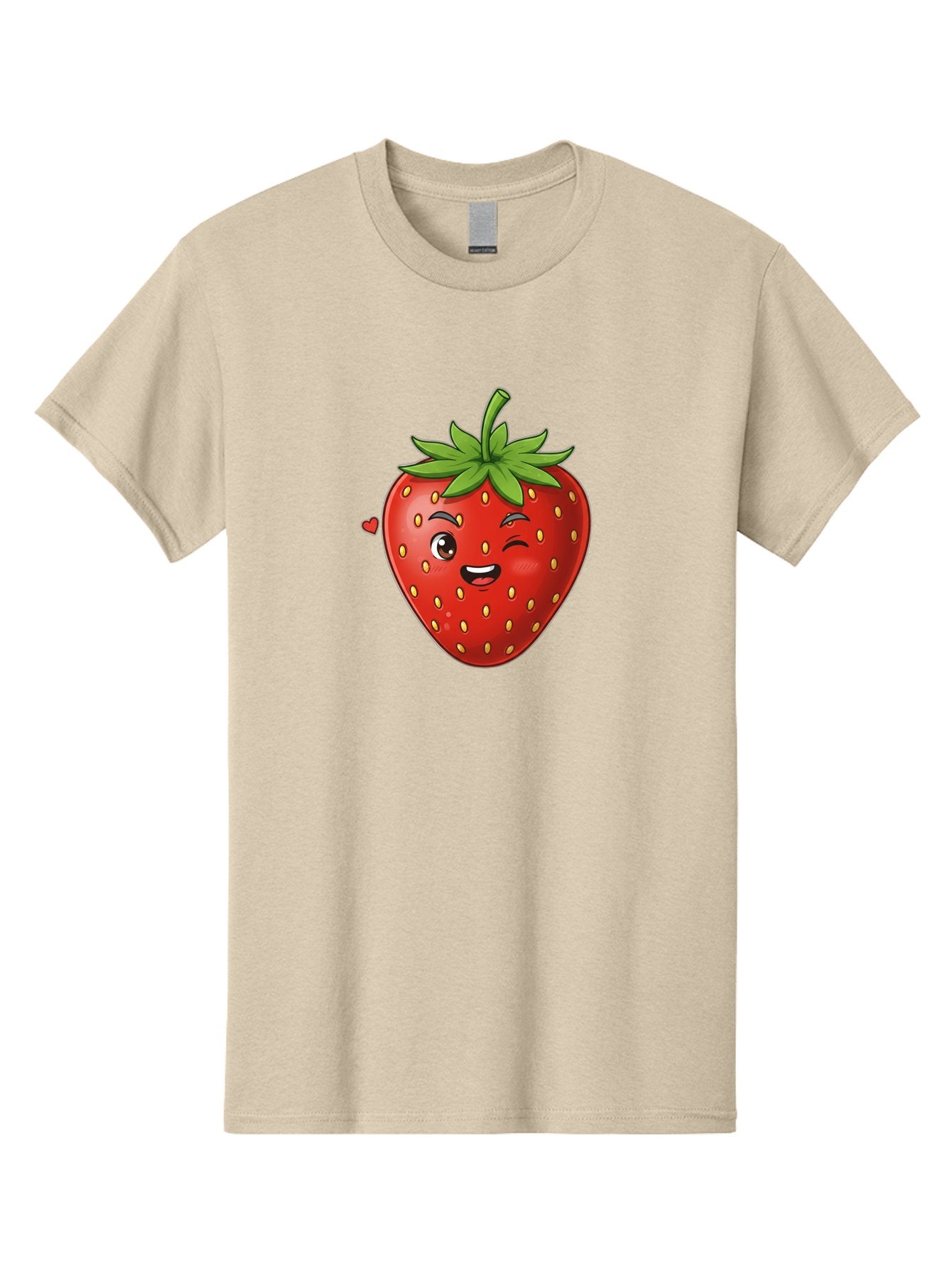 Winking-Strawberry Men'S Graphic Tee, 100% Cotton, Comfortable Casual Summer Wear, Machine Washable, Cartoon Strawberry, Winking Face, Cute Character, Red Fruit, Green Leaves, Yellow Seeds, Playful Vibe, Sweet Treat, Kawaii Icon, Bac567 15