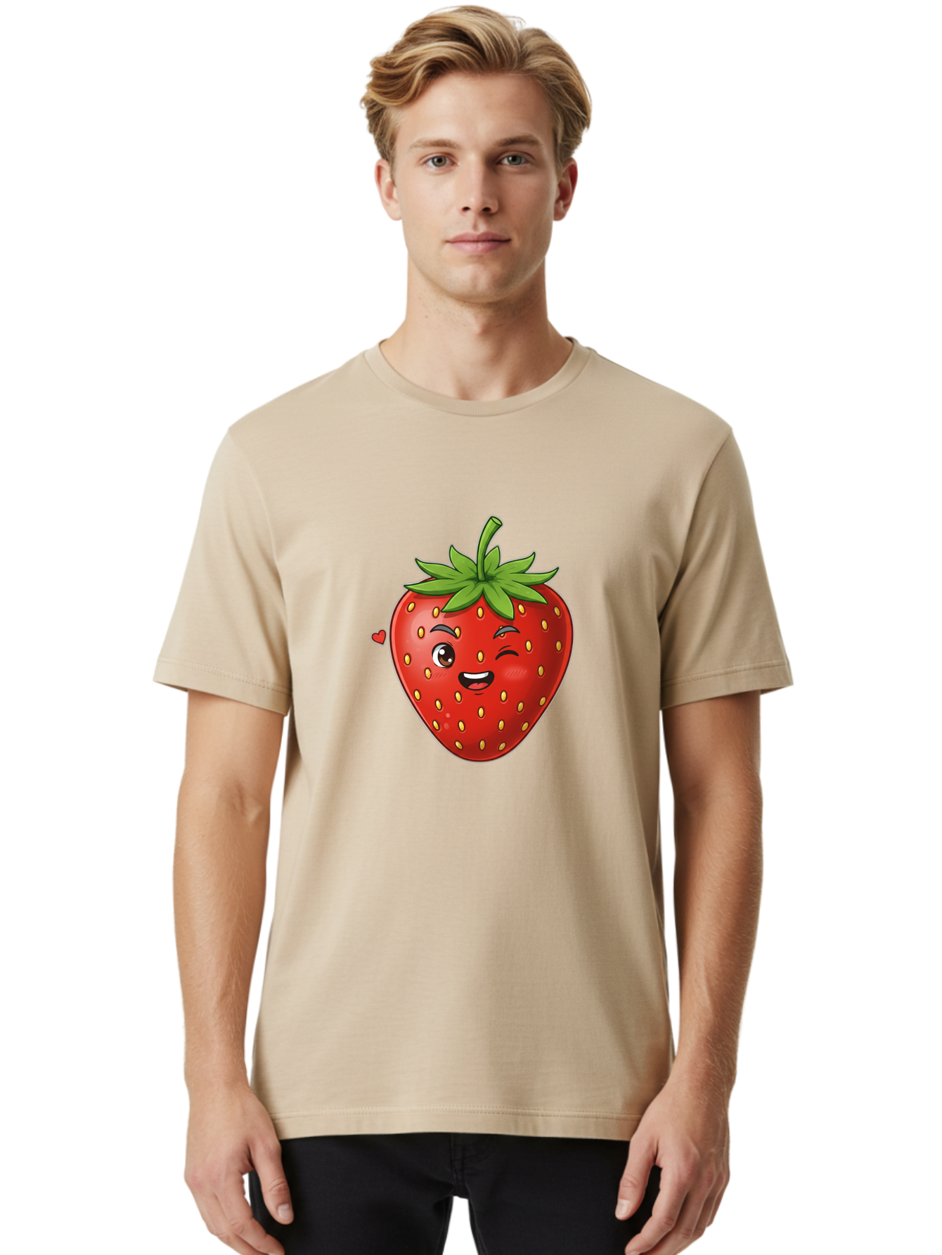 Winking-Strawberry Men'S Graphic Tee, 100% Cotton, Comfortable Casual Summer Wear, Machine Washable, Cartoon Strawberry, Winking Face, Cute Character, Red Fruit, Green Leaves, Yellow Seeds, Playful Vibe, Sweet Treat, Kawaii Icon, Bac567 16