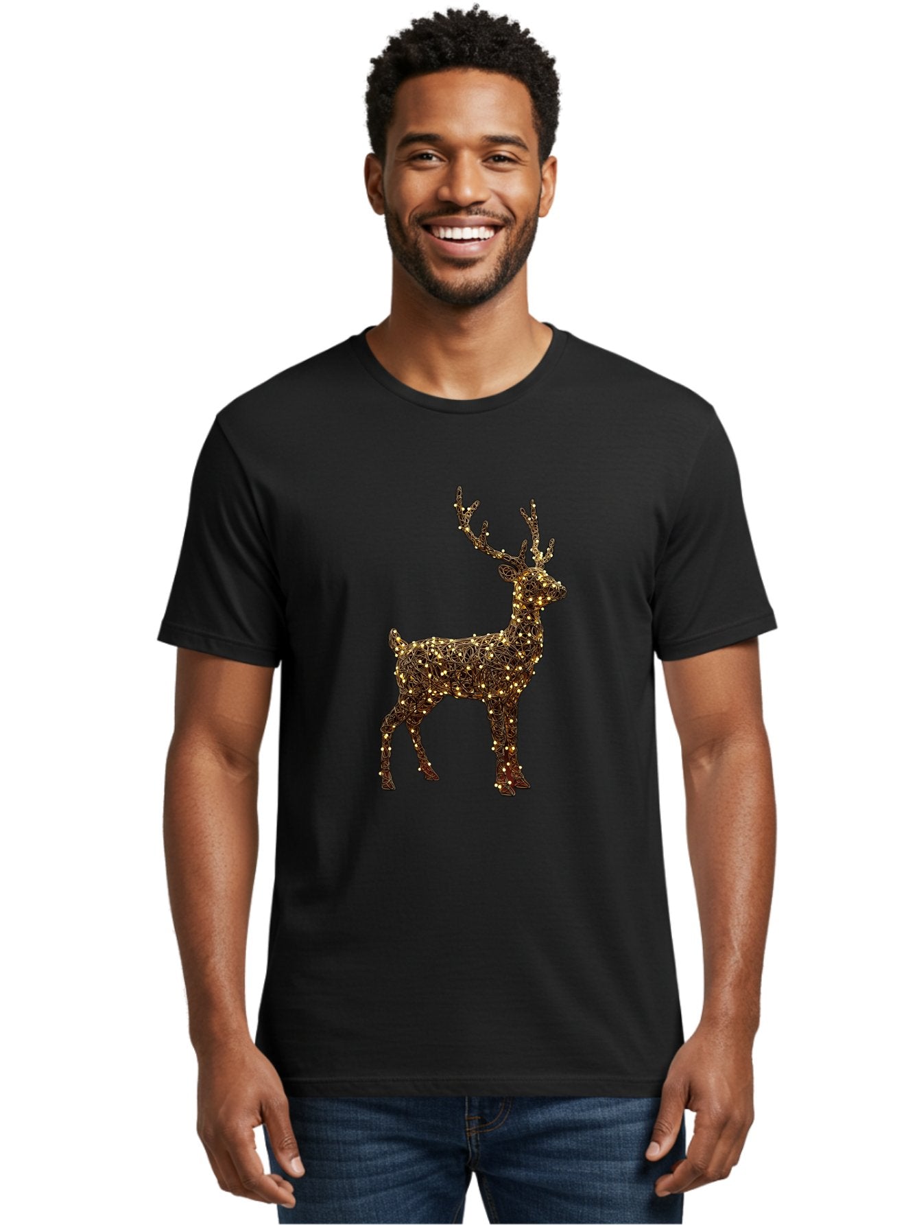 Wire-Reindeer Men'S Graphic Tee, 100% Cotton, Comfortable Casual Summer Wear, Machine Washable, Reindeer Decoration, Christmas Lights, Festive Decor, Holiday Display, Glowing Reindeer, Christmas Decoration, Outdoor Decor, Winter Wonderland Bac568 30