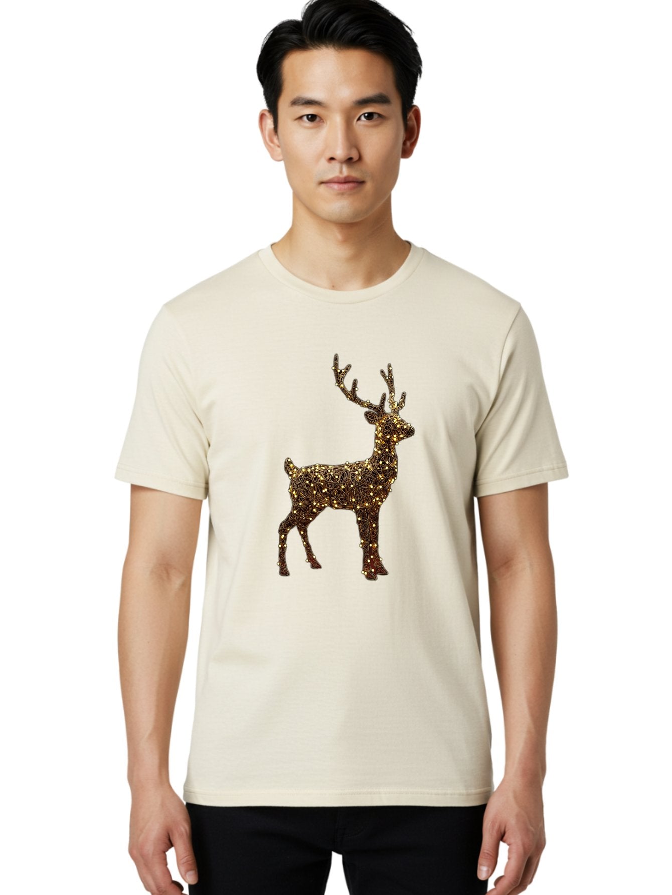 Wire-Reindeer Men'S Graphic Tee, 100% Cotton, Comfortable Casual Summer Wear, Machine Washable, Reindeer Decoration, Christmas Lights, Festive Decor, Holiday Display, Glowing Reindeer, Christmas Decoration, Outdoor Decor, Winter Wonderland Bac568 18