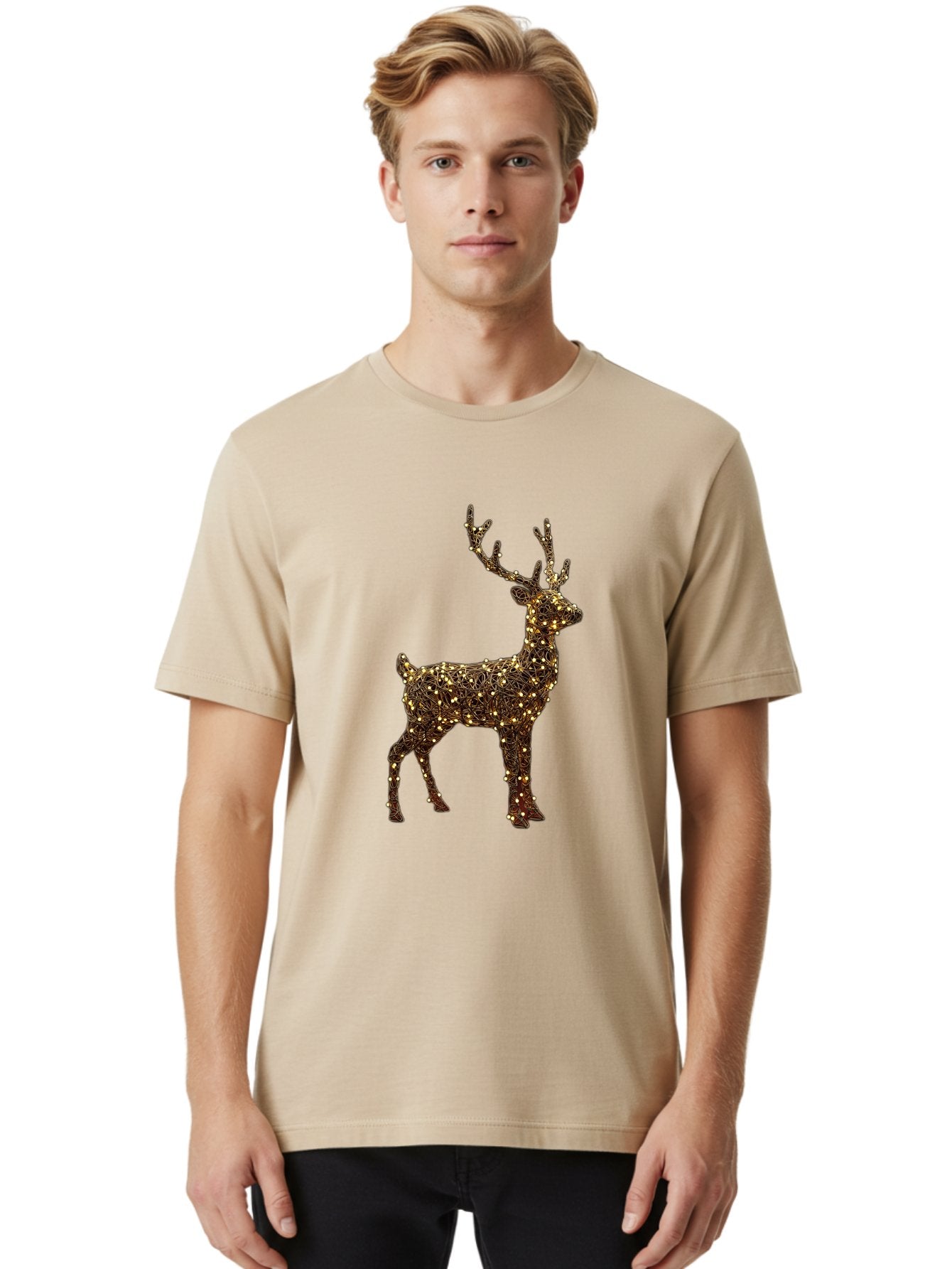 Wire-Reindeer Men'S Graphic Tee, 100% Cotton, Comfortable Casual Summer Wear, Machine Washable, Reindeer Decoration, Christmas Lights, Festive Decor, Holiday Display, Glowing Reindeer, Christmas Decoration, Outdoor Decor, Winter Wonderland Bac568 16