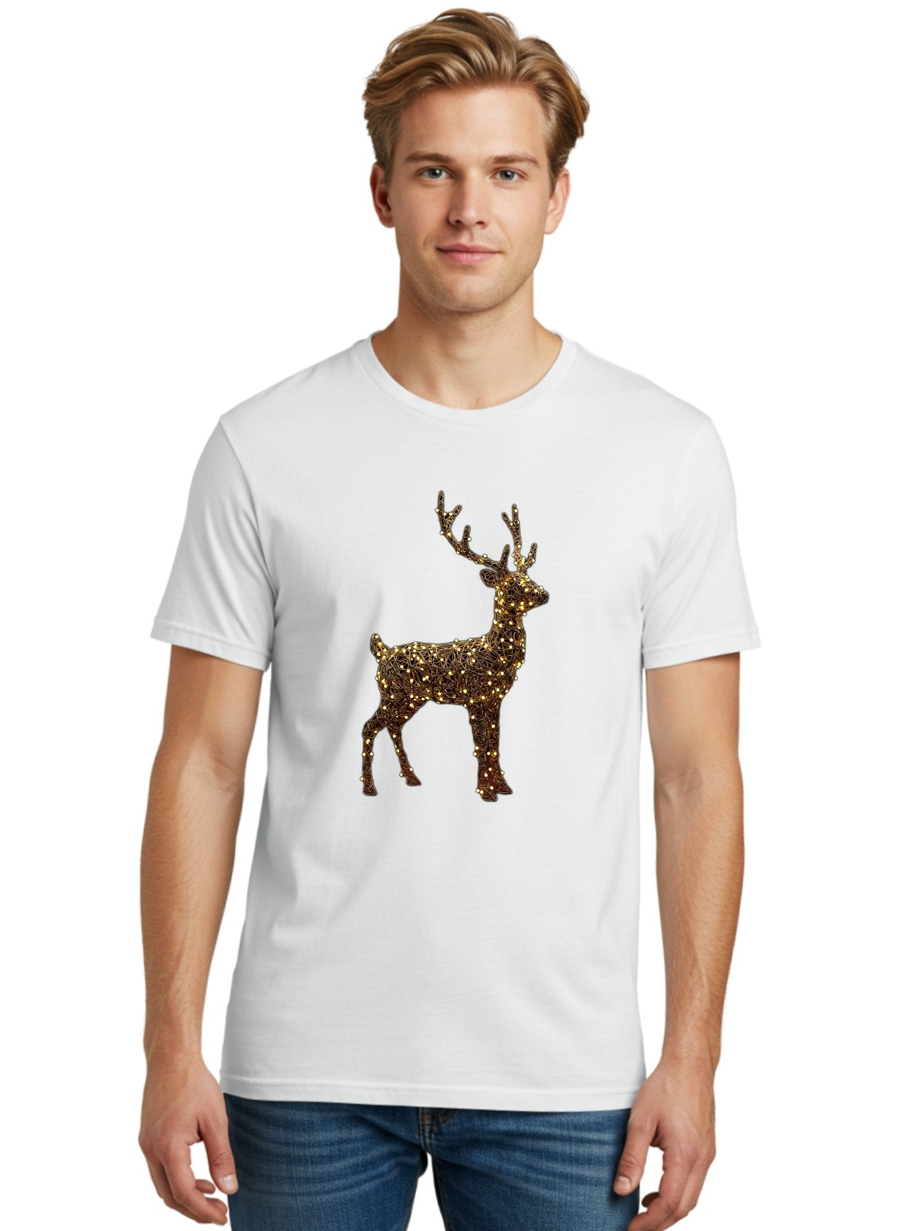 Wire-Reindeer Men'S Graphic Tee, 100% Cotton, Comfortable Casual Summer Wear, Machine Washable, Reindeer Decoration, Christmas Lights, Festive Decor, Holiday Display, Glowing Reindeer, Christmas Decoration, Outdoor Decor, Winter Wonderland Bac568 22